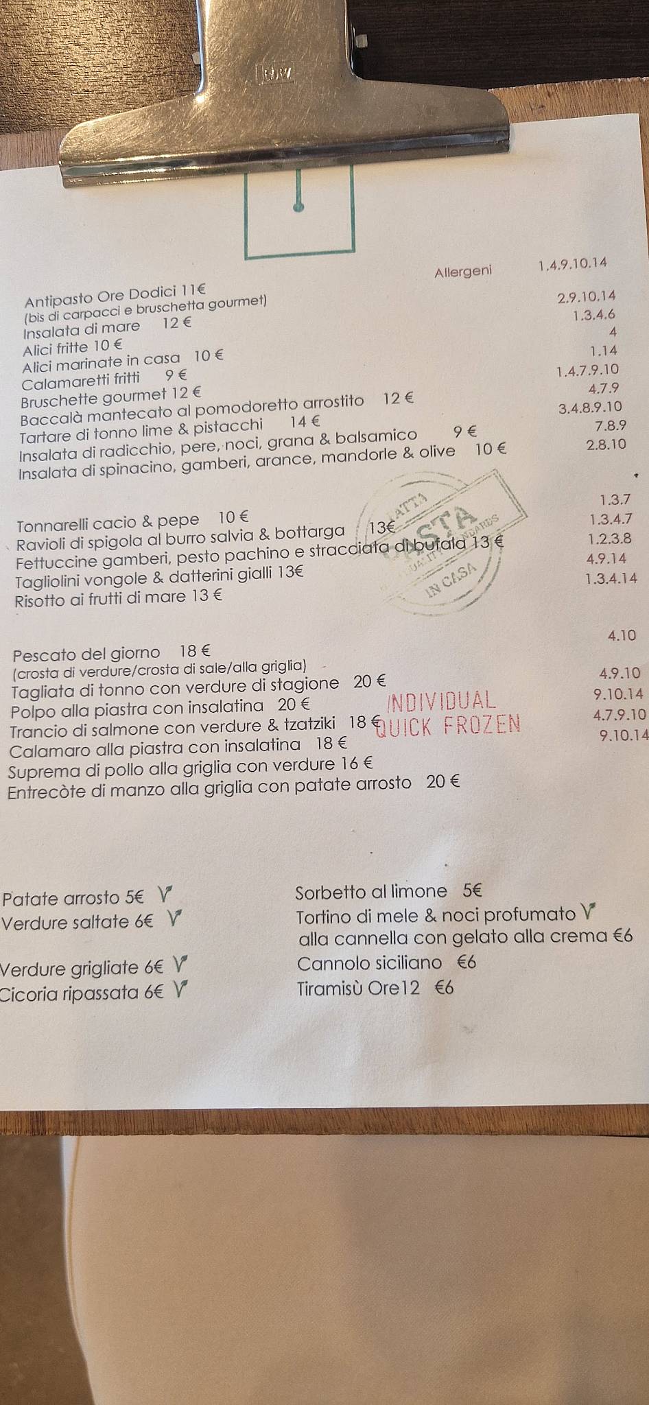 Ristorante Ore Dodici меню