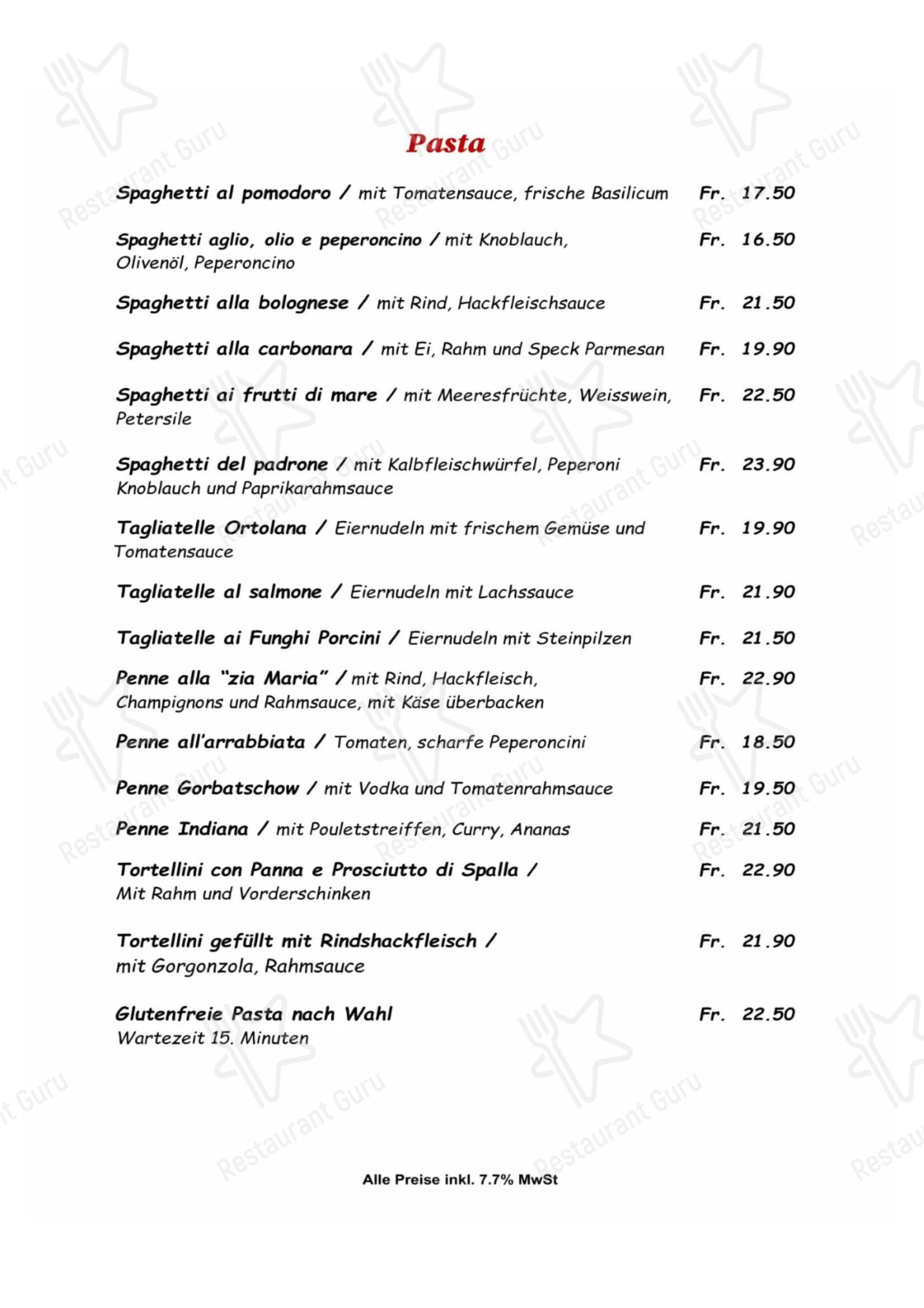 菜单 пиццерии Ristorante Pizzeria Calabrisella в Берне