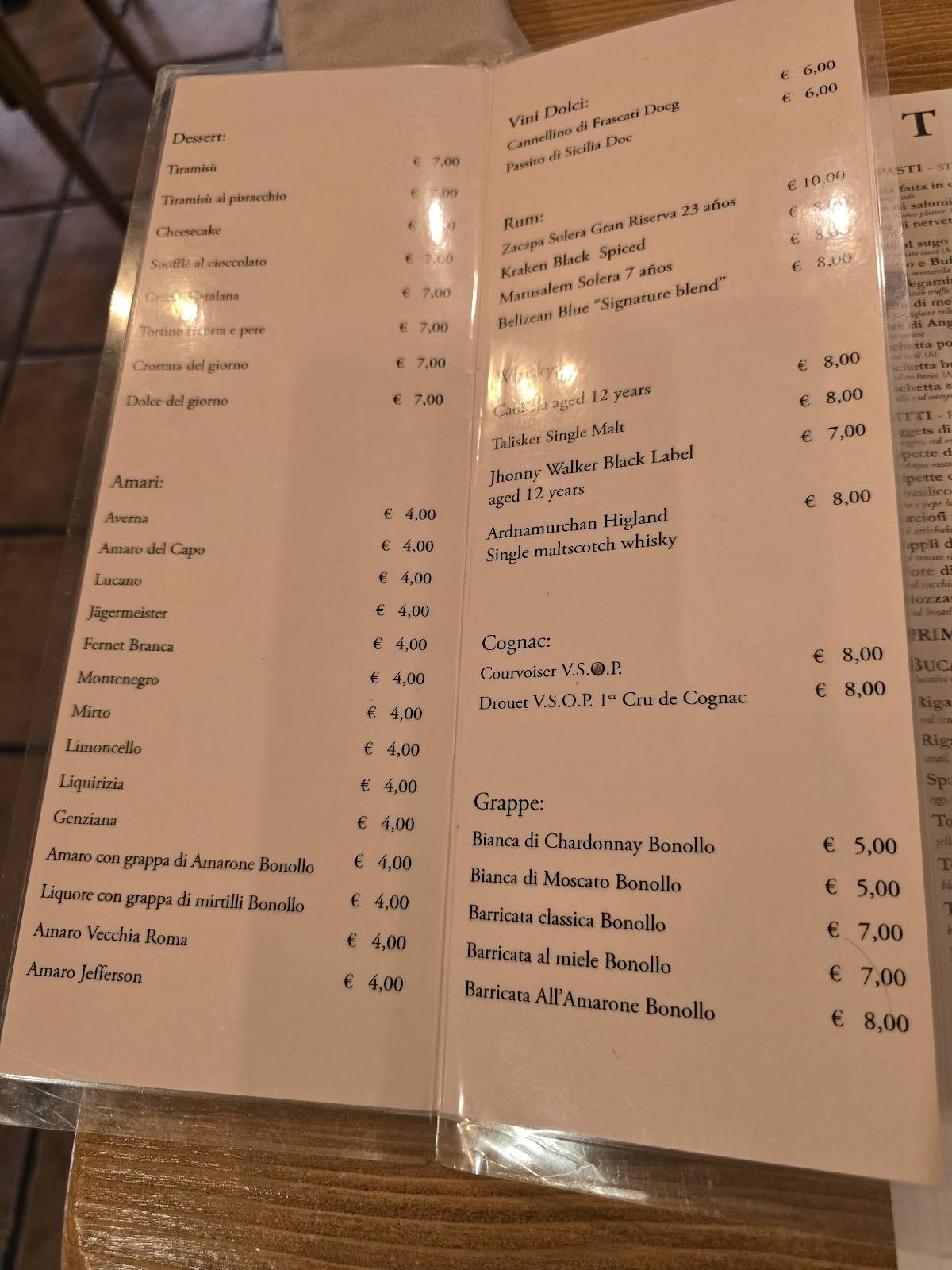 Ristorante Vecchia Roma меню