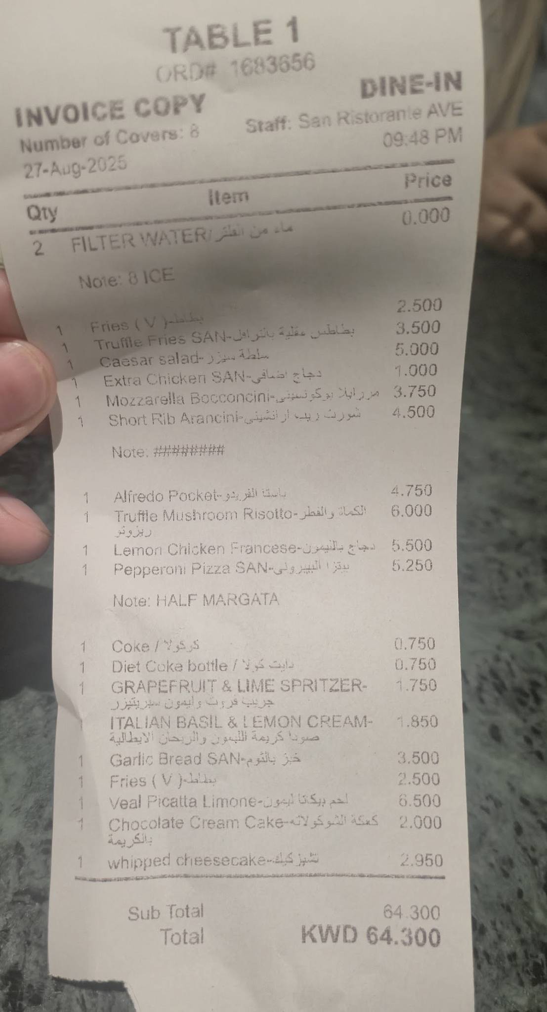 San Ristorante меню