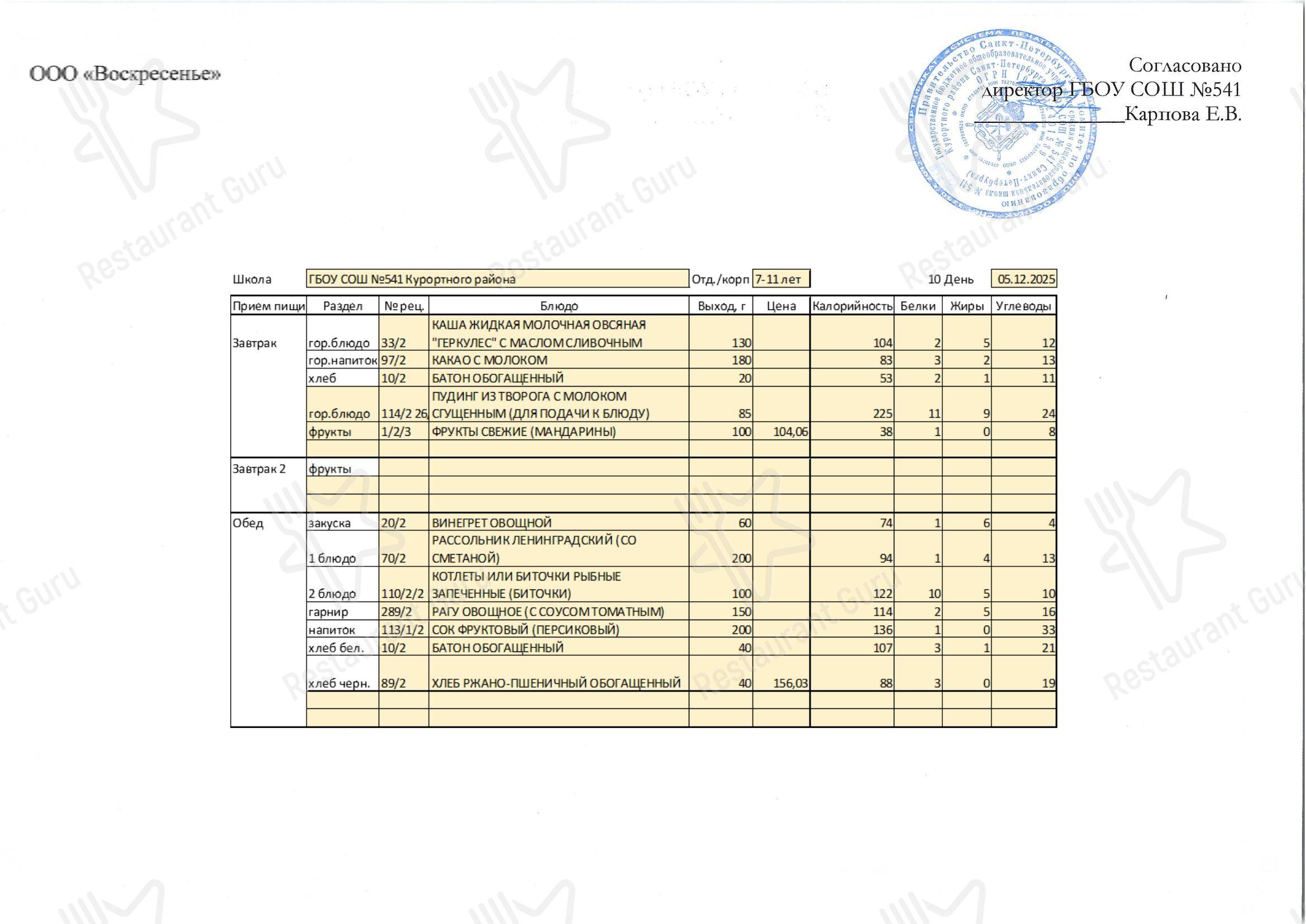 Столовая школы № 541 в Сестрорецке - Sample Bar Menu