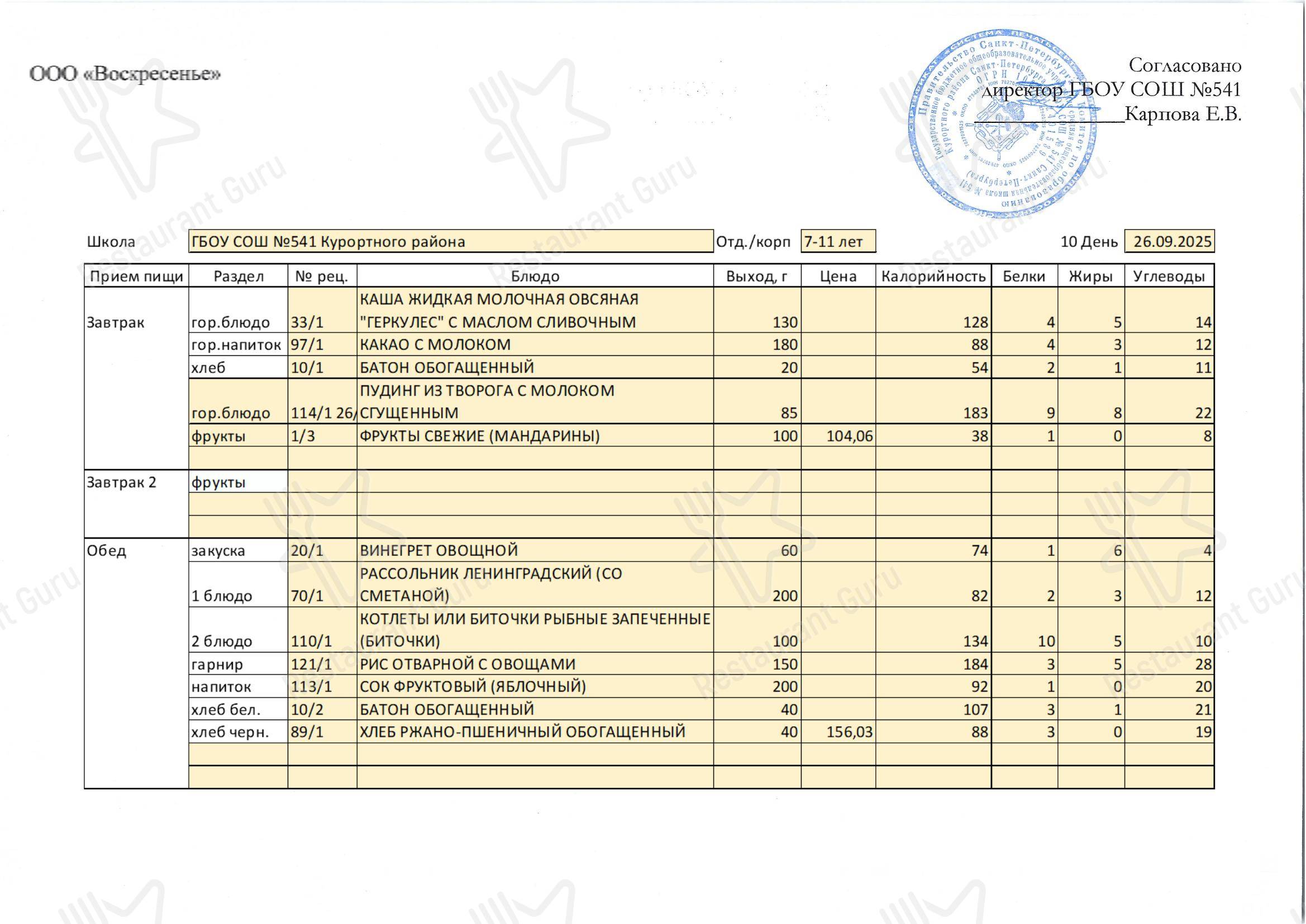 Столовая школы № 541 в Сестрорецке - Our Lunch & Dinner Menu