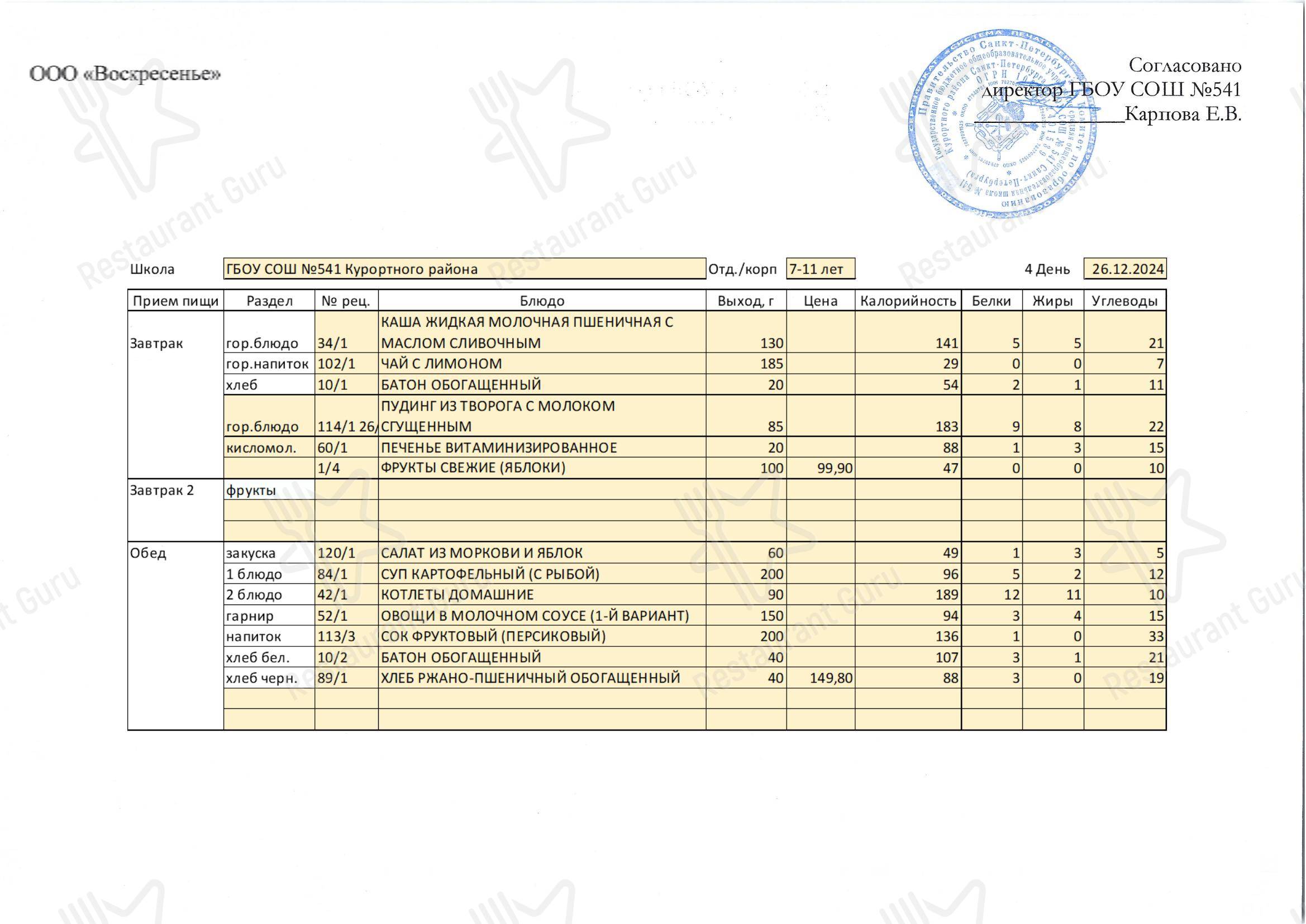 Столовая школы № 541 в Сестрорецке - Tasting room menu