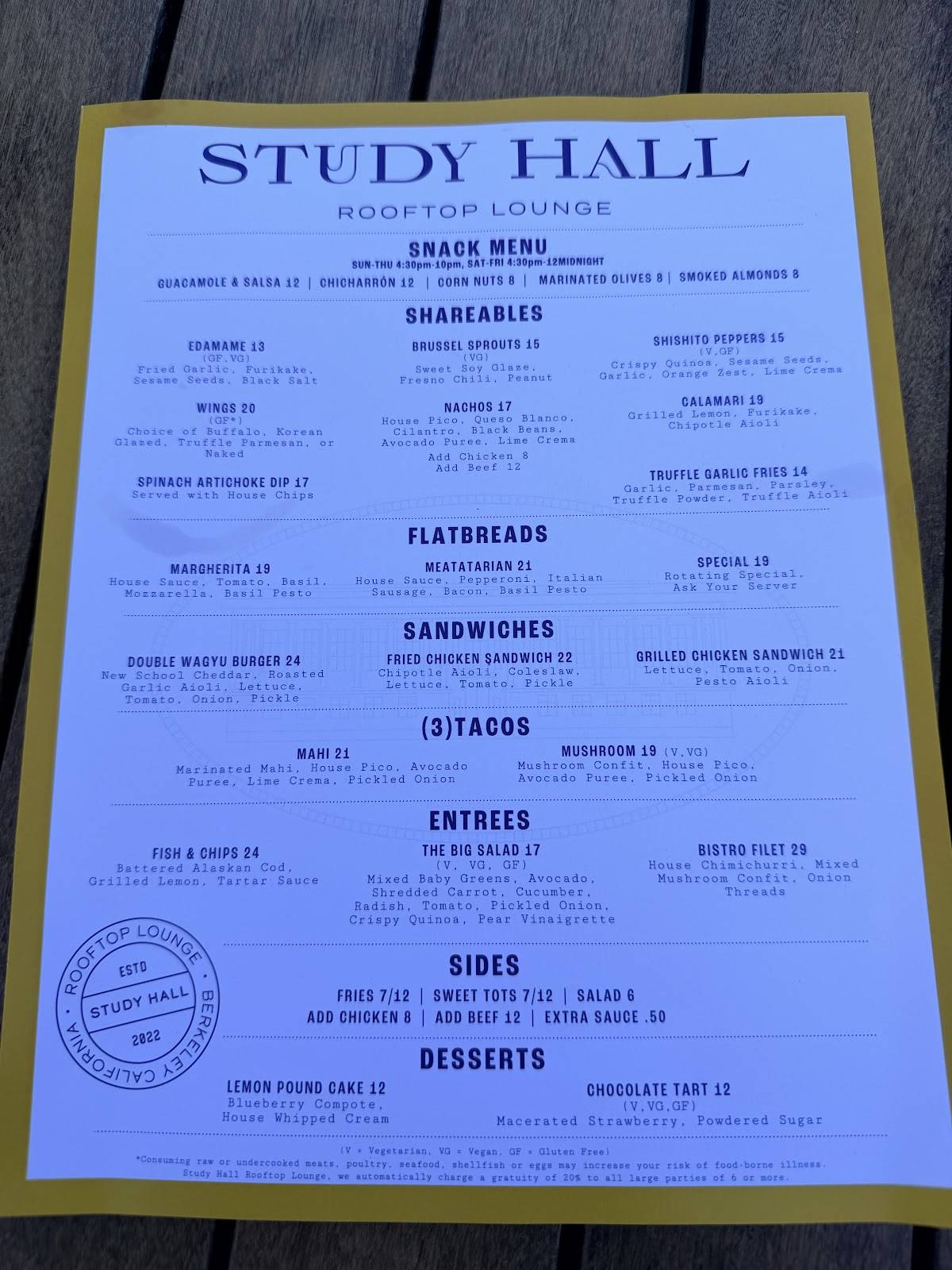 Study Hall Rooftop Lounge меню