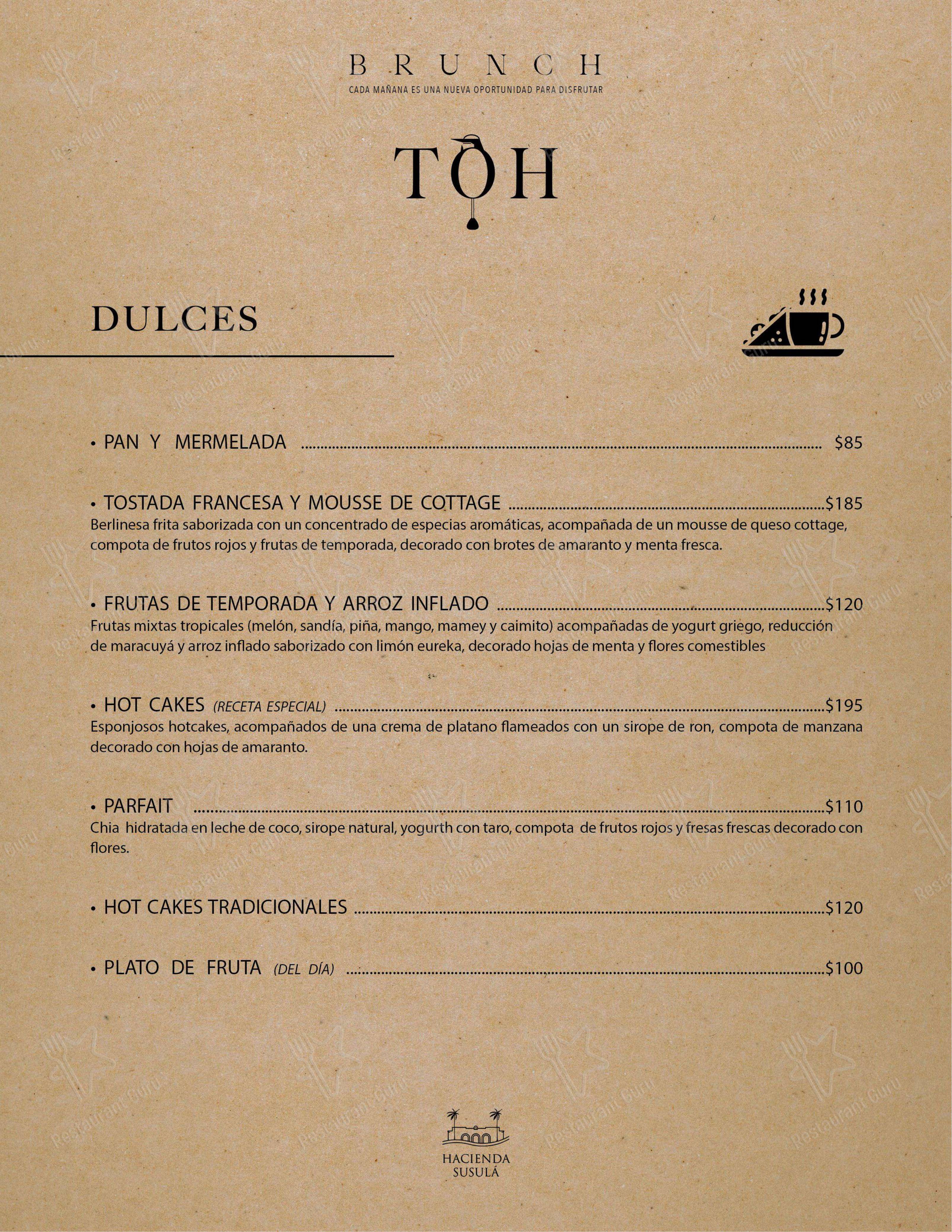 Меню напитков ресторана TOH Restaurante в Мериде