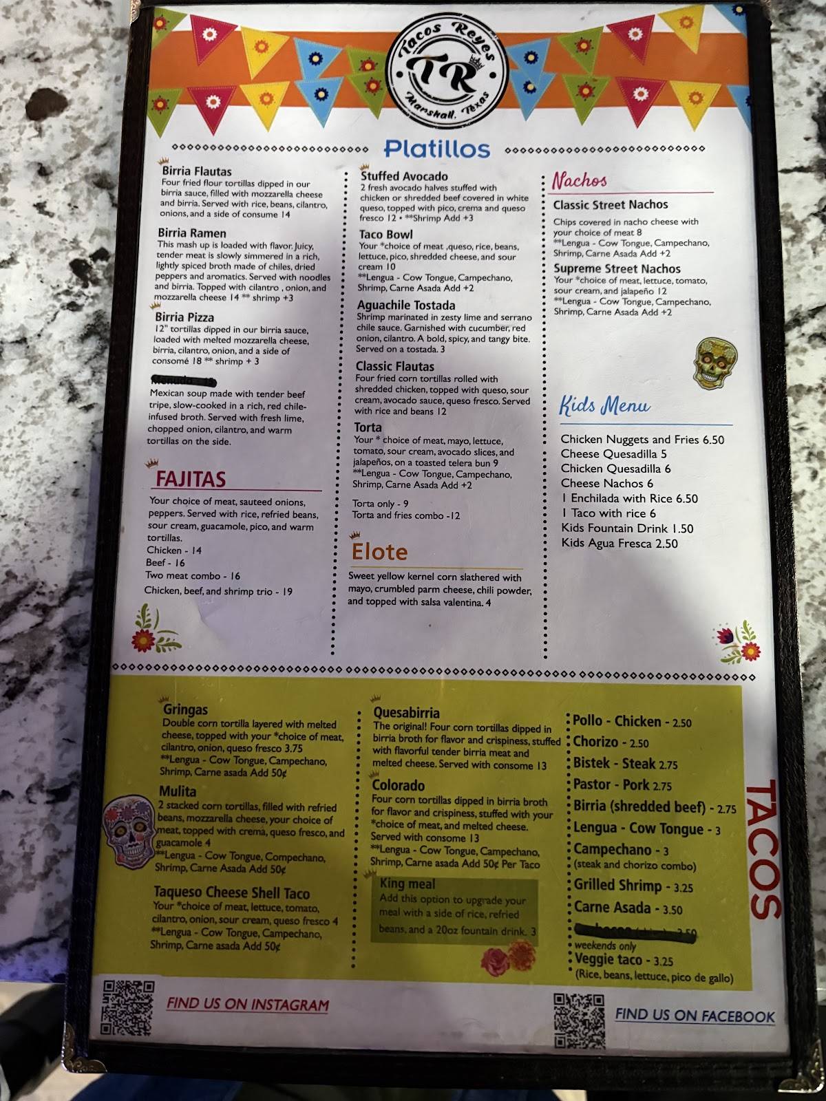 Tacos Reyes Restaurant меню