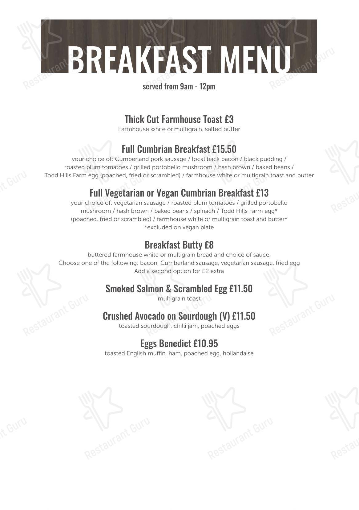 Ночное меню паба и бара The Back Bar, Keswick