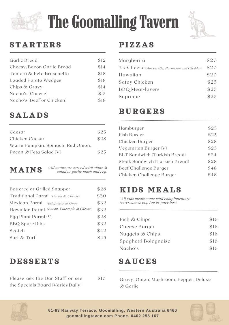 The Goomalling Tavern меню