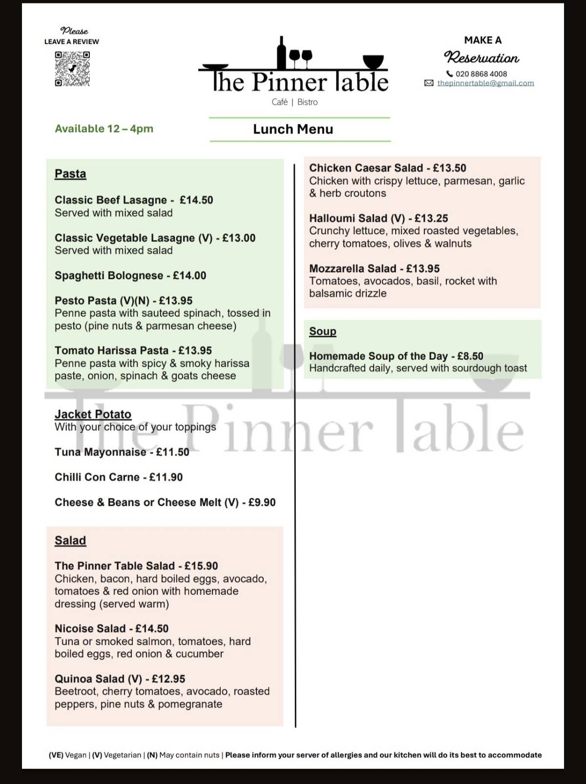 The Pinner Table меню