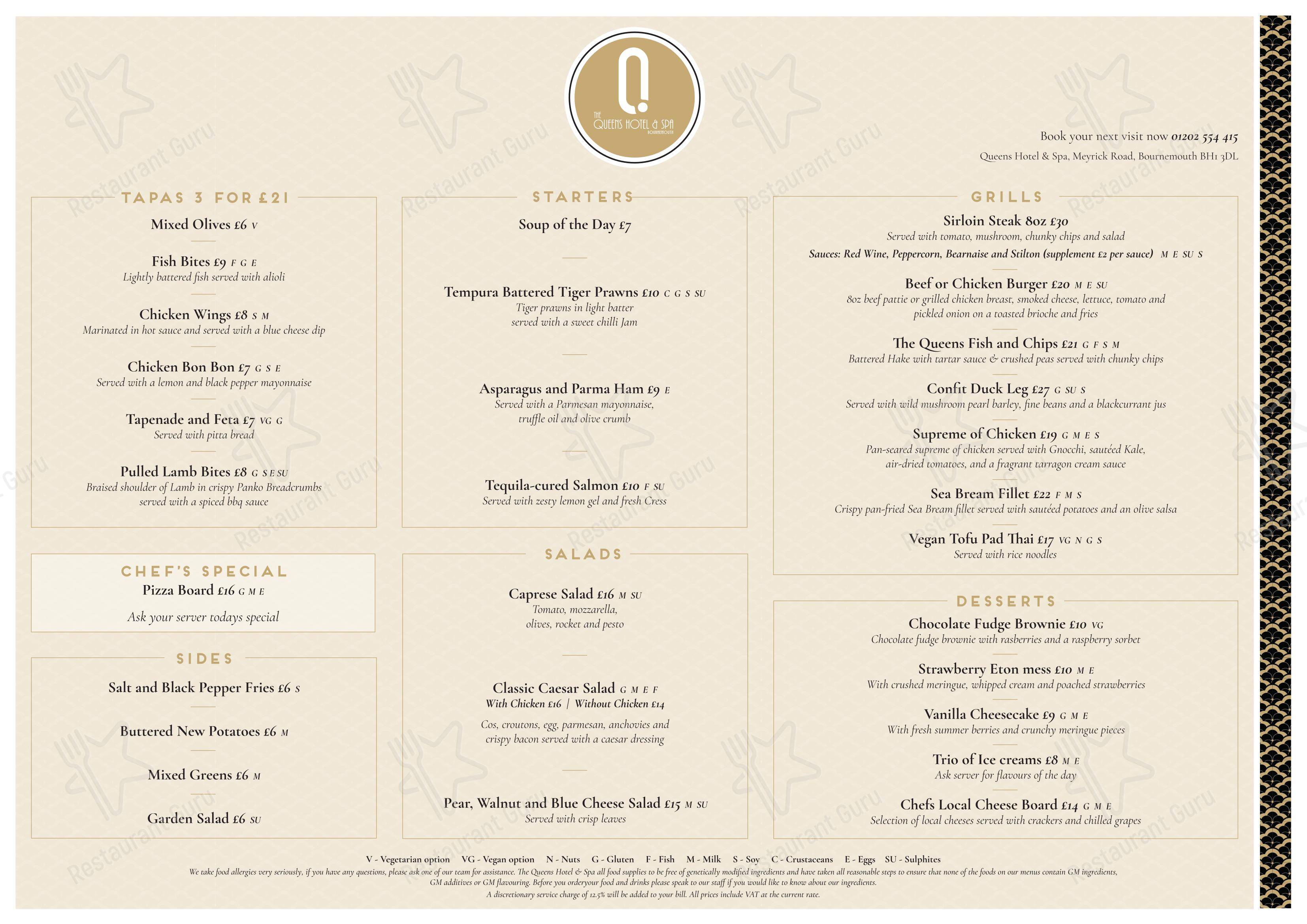 Меню ресторана The Queens Restaurant в Борнмуте