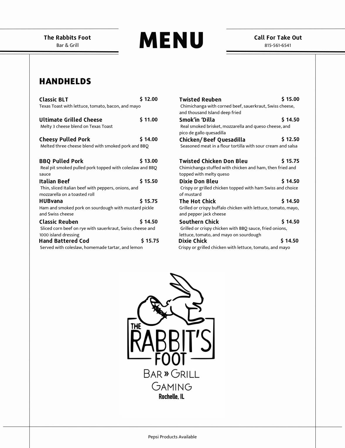 The Rabbit's Foot Bar & Grill меню