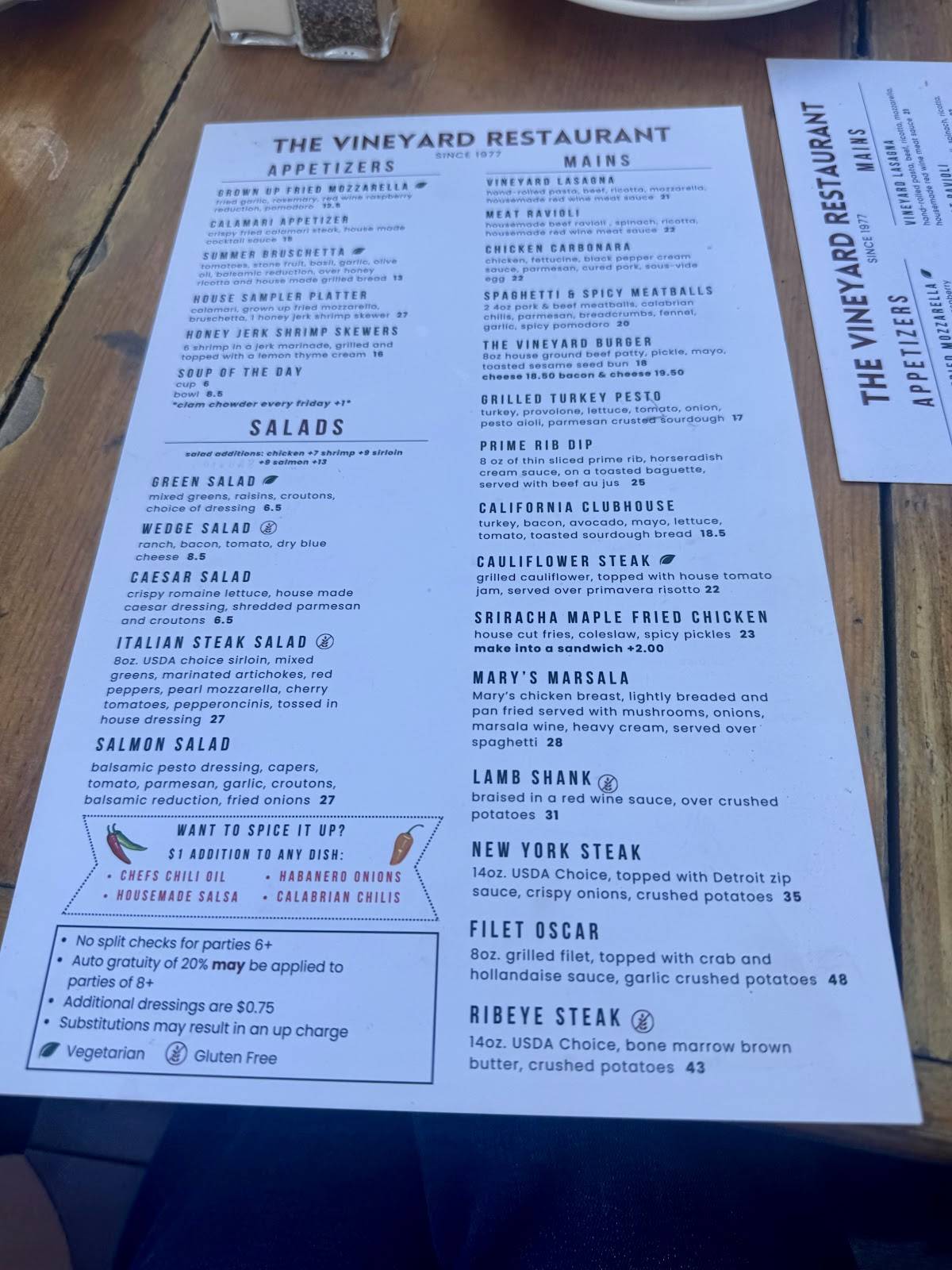 The Vineyard Restaurant & Bar меню