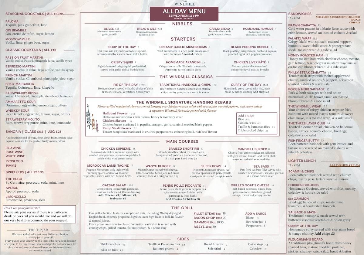 The Windmill Hotel - Public House & Restaurant меню