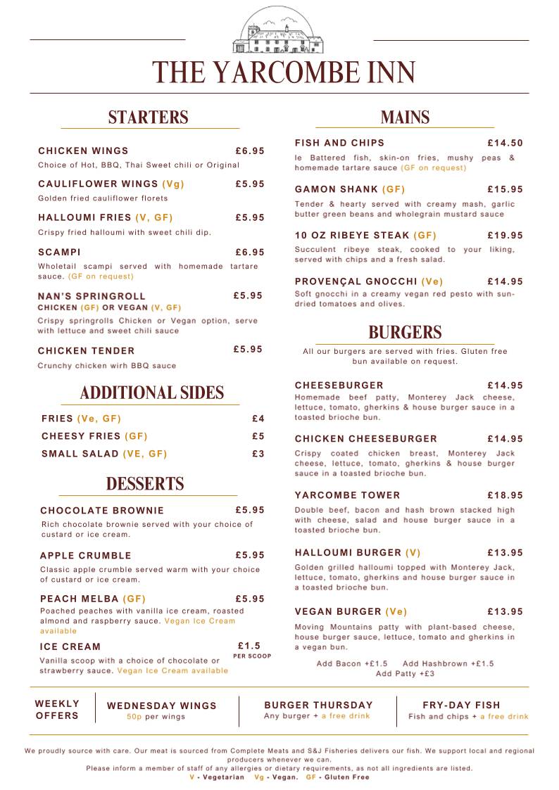 The Yarcombe Inn меню