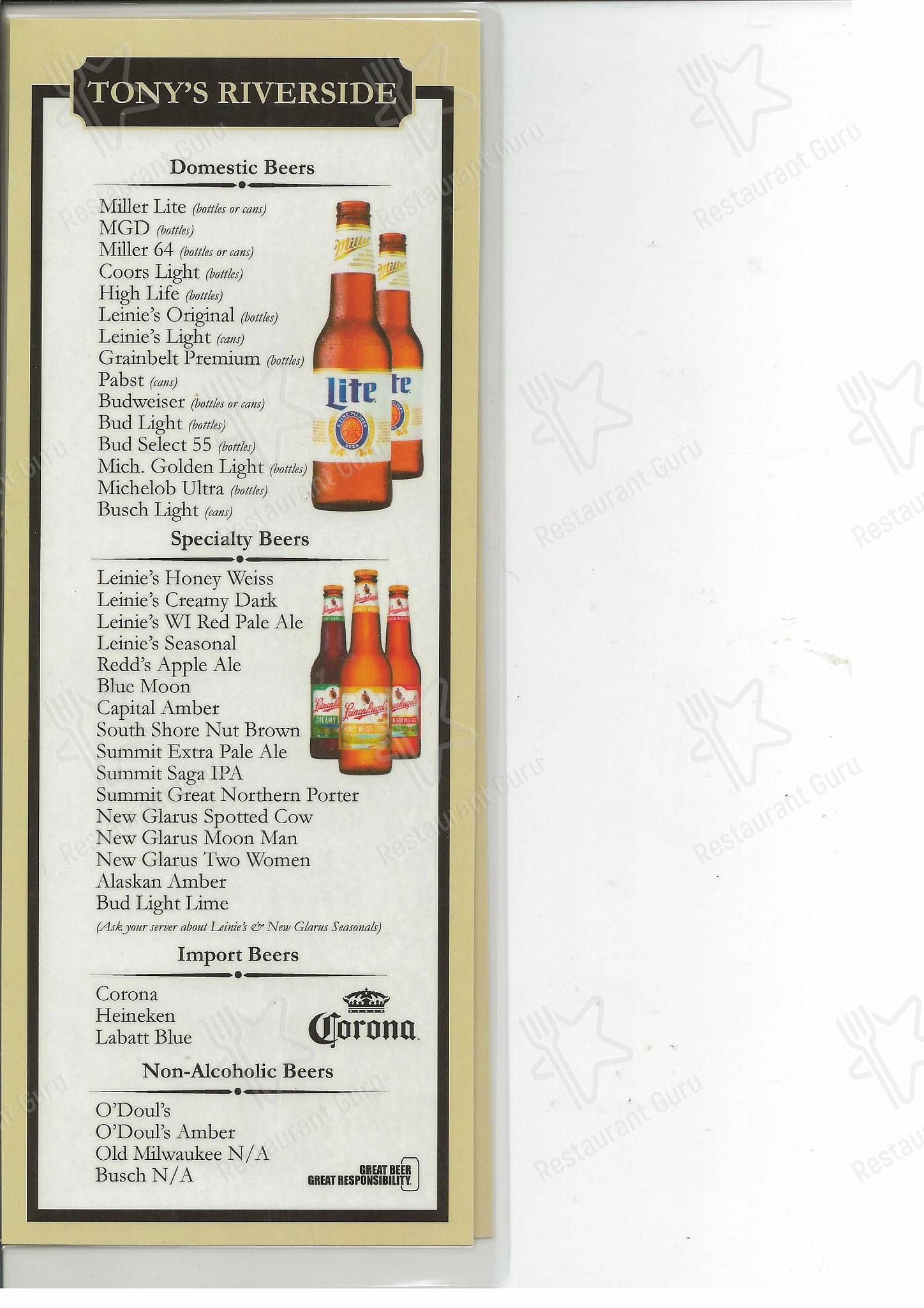 Крафт меню пиццерии Tony's Riverside