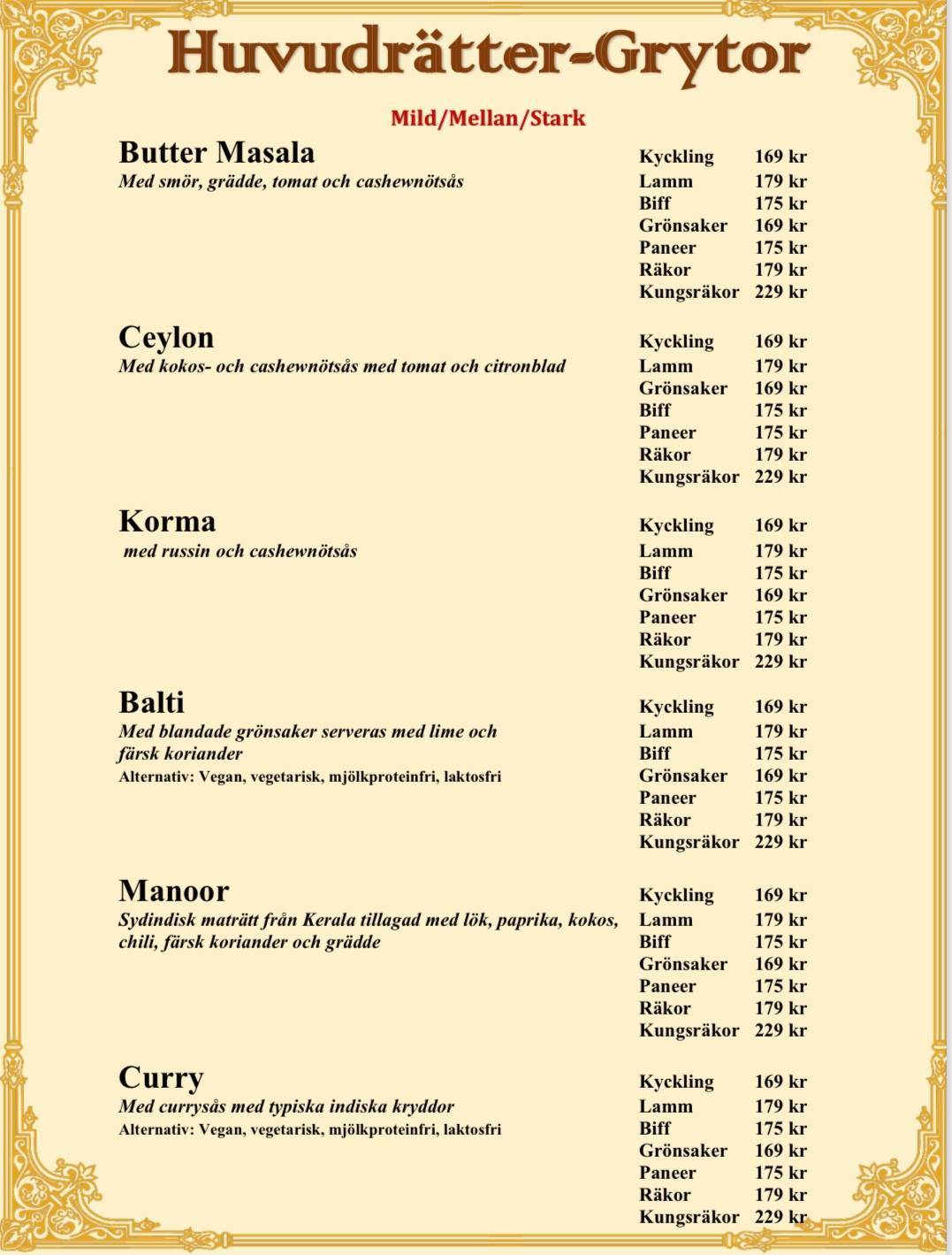 Tripti Indisk Restaurang меню