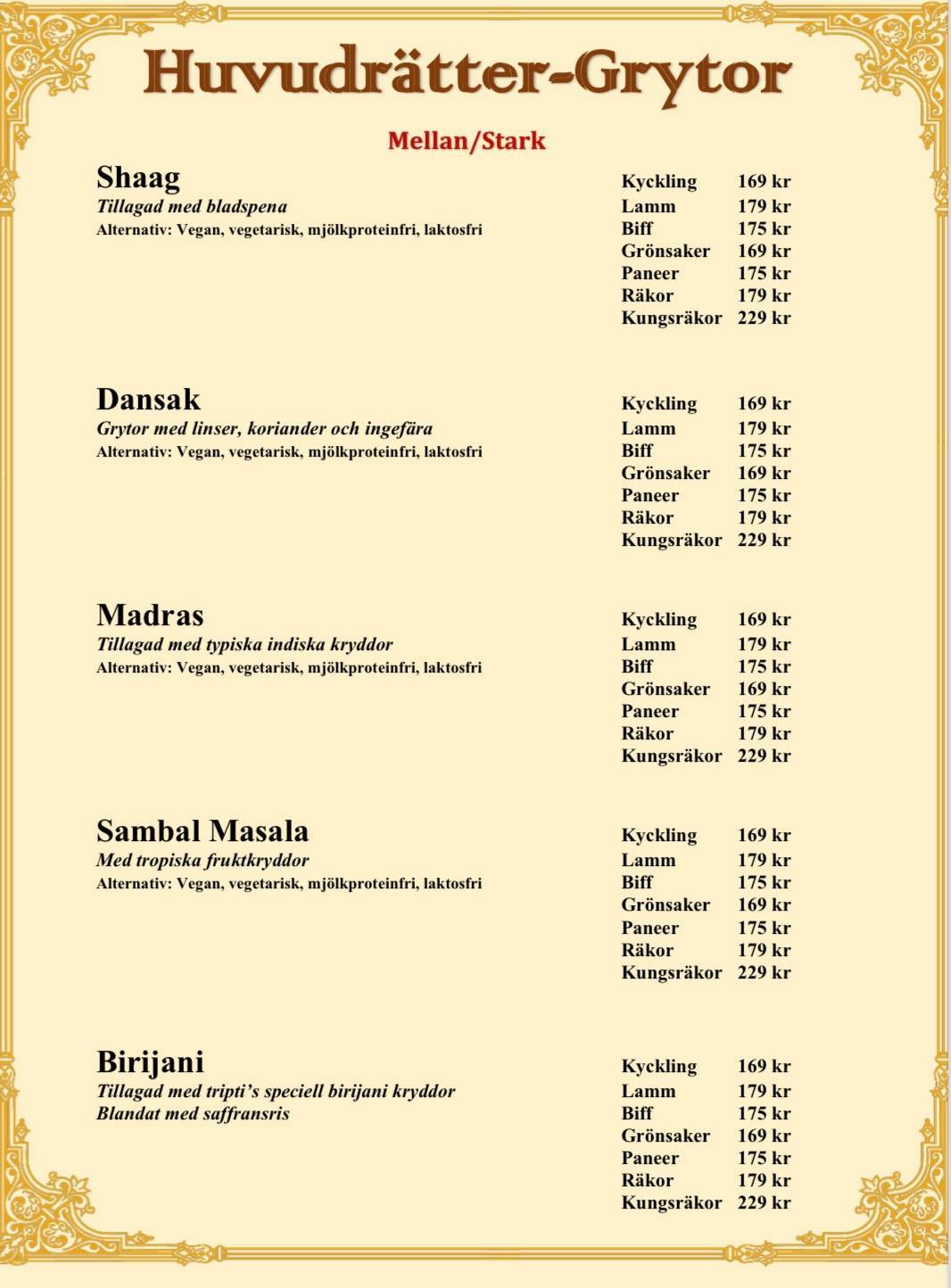 Tripti Indisk Restaurang меню