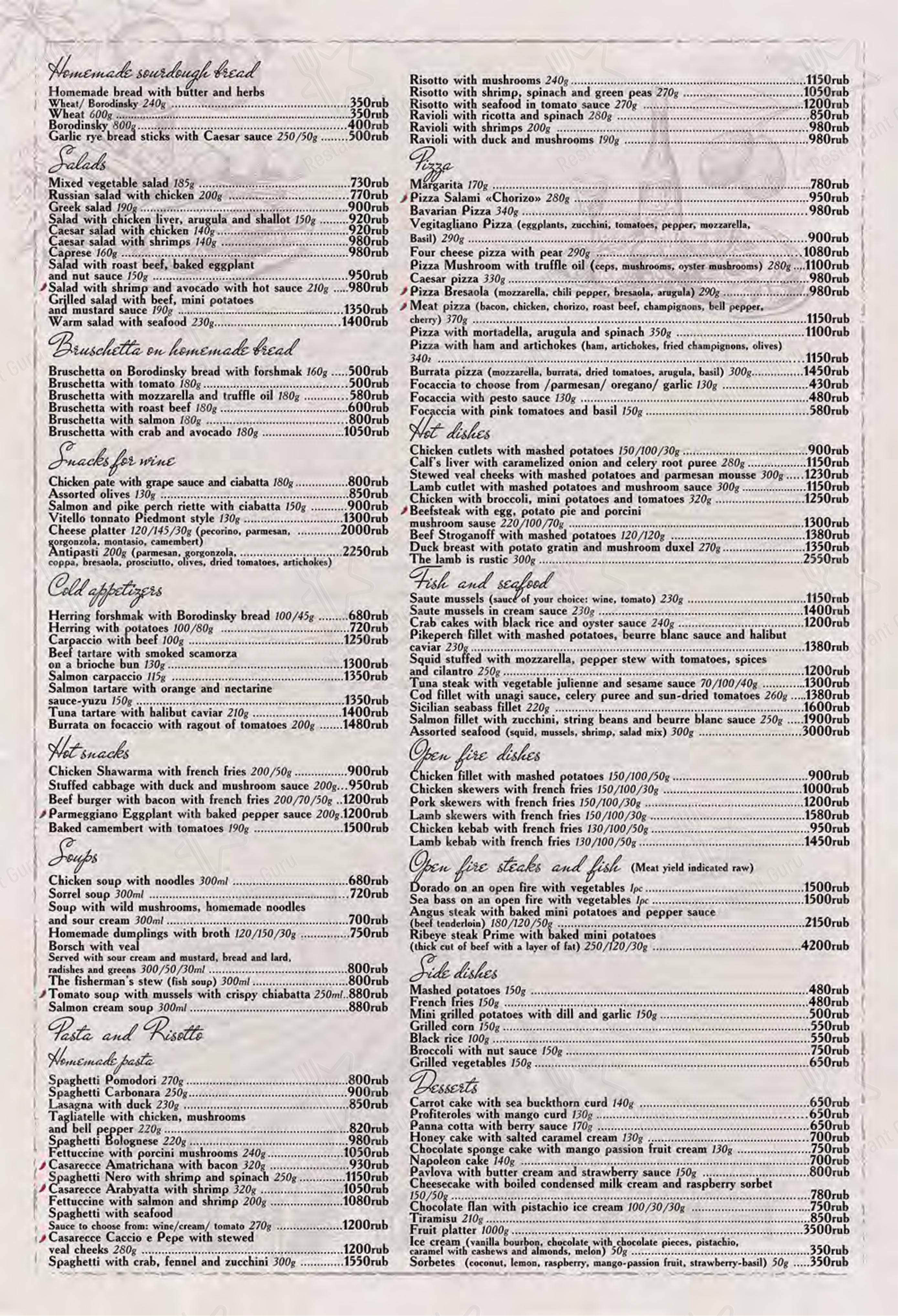 Dinner Menu ресторана Tutta la Vita в Москве