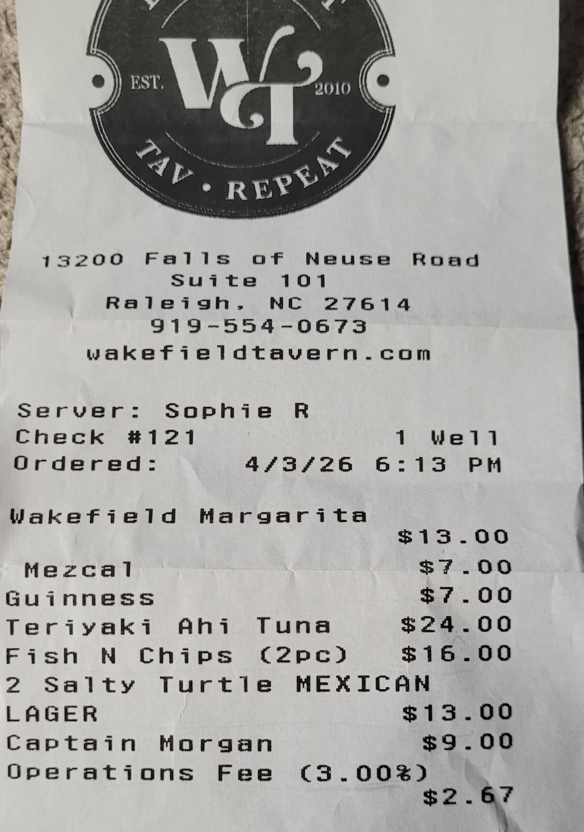 Wakefield Tavern меню