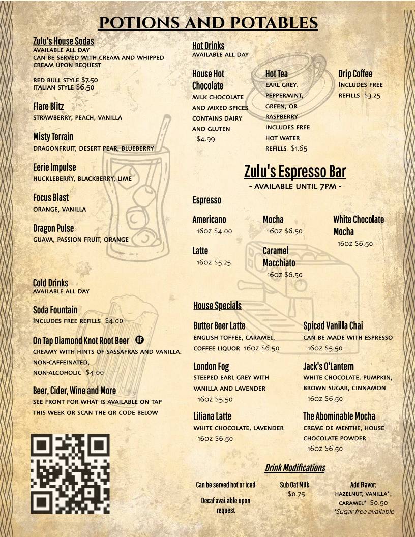 Zulu's Board Game Cafe меню