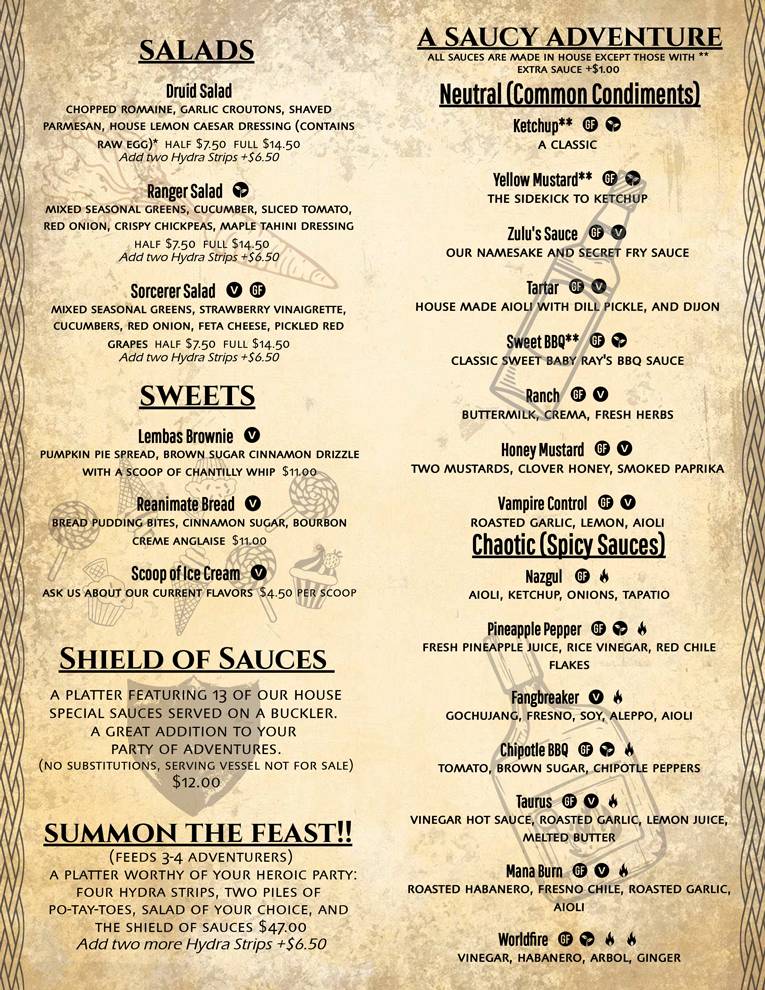 Zulu's Board Game Cafe меню
