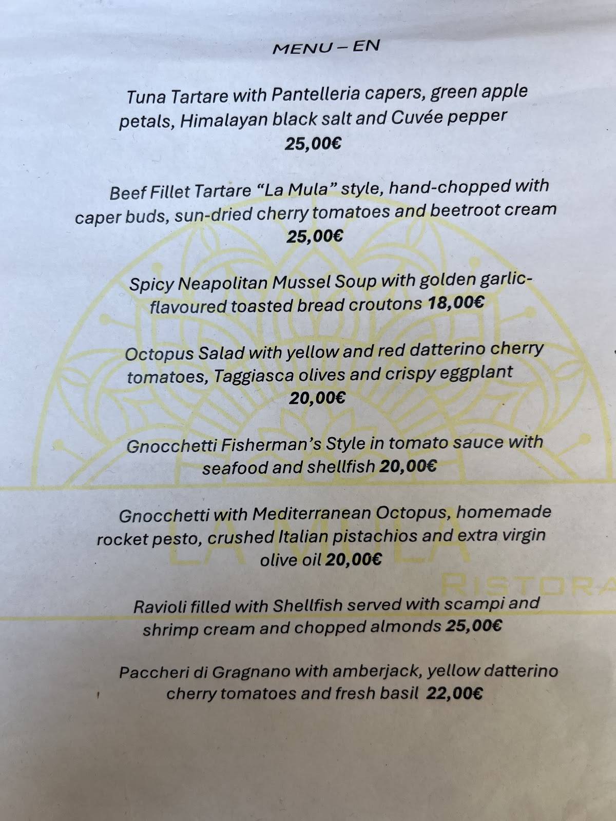 la mula ristorante меню