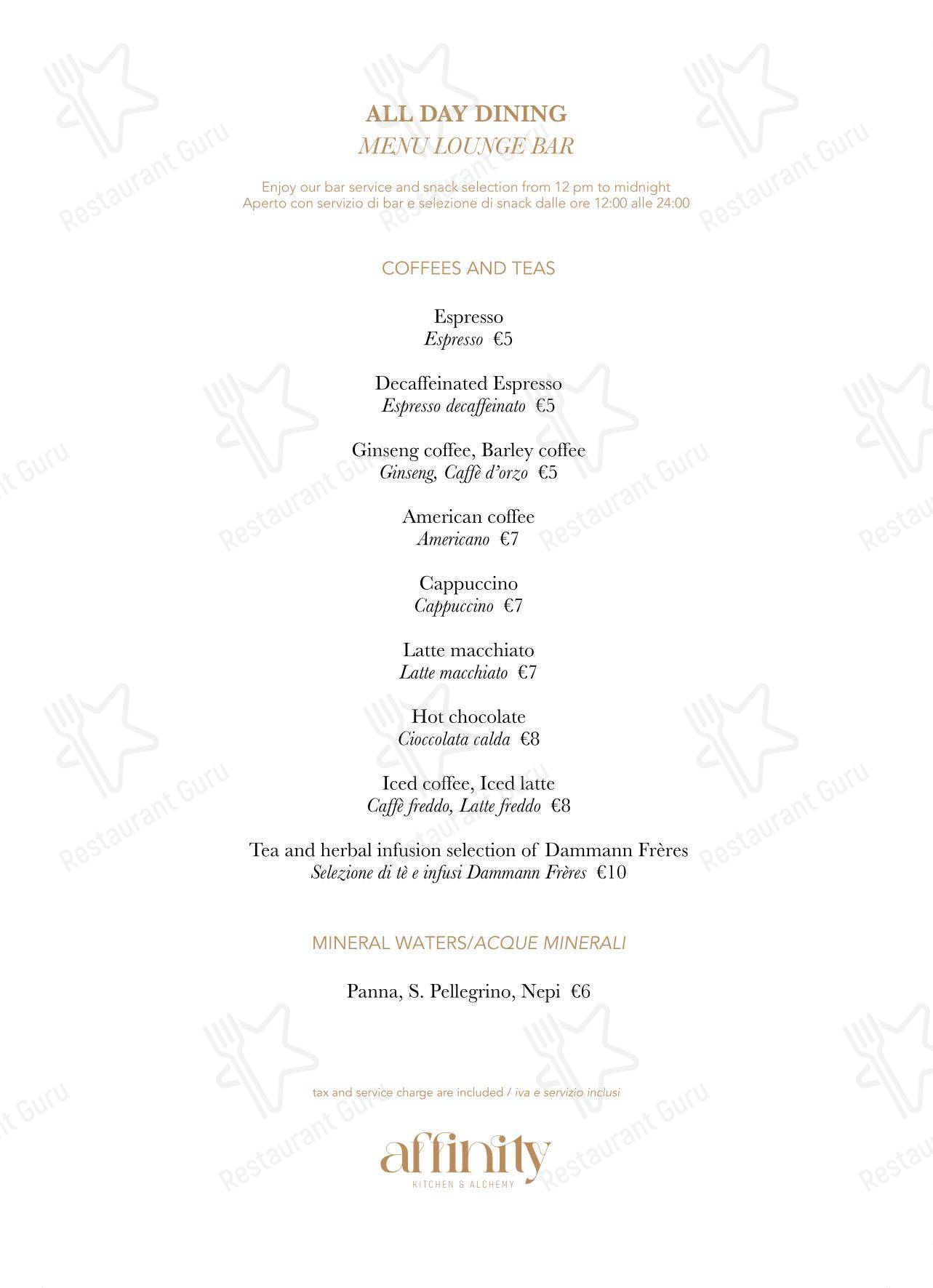 Affinity Kitchen & Alchemy Restaurant в Риме - Основное меню