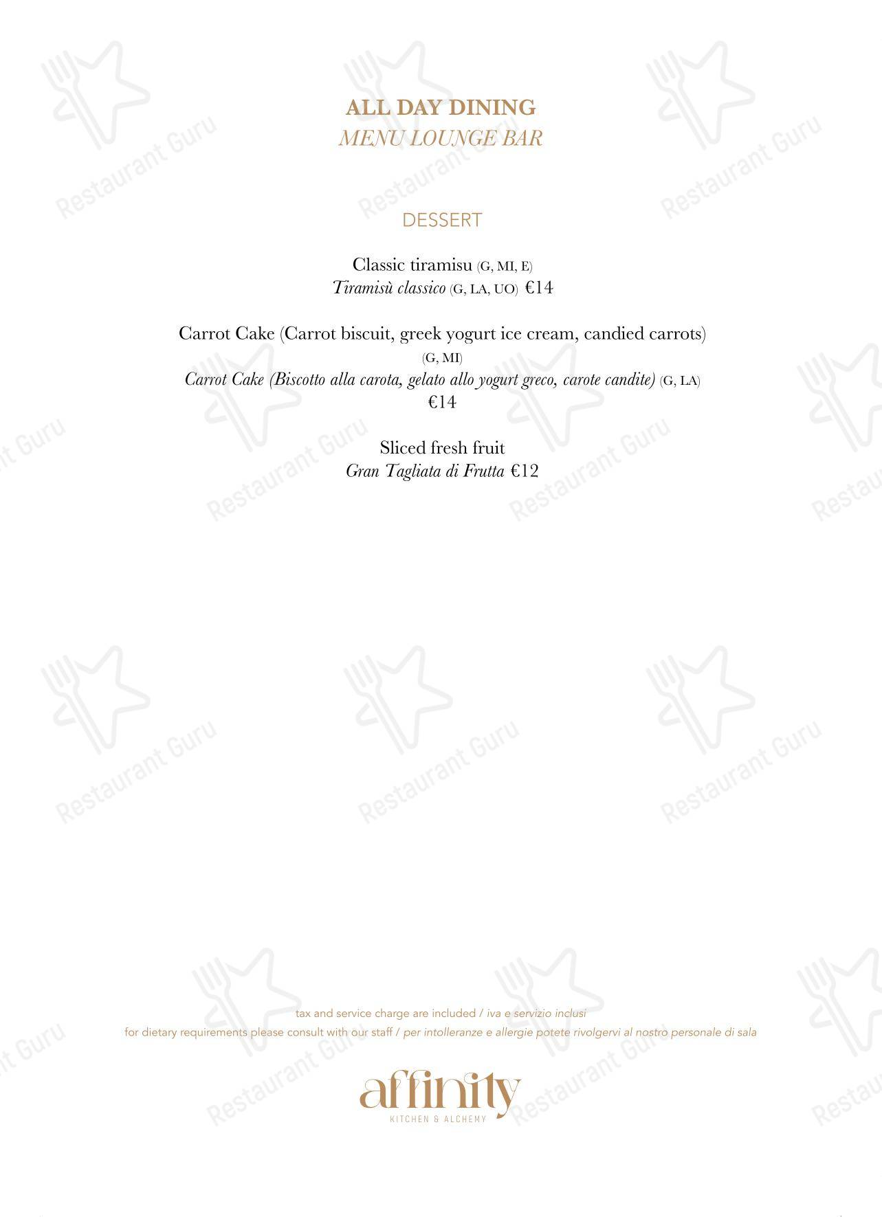 Affinity Kitchen & Alchemy Restaurant в Риме - Основное меню
