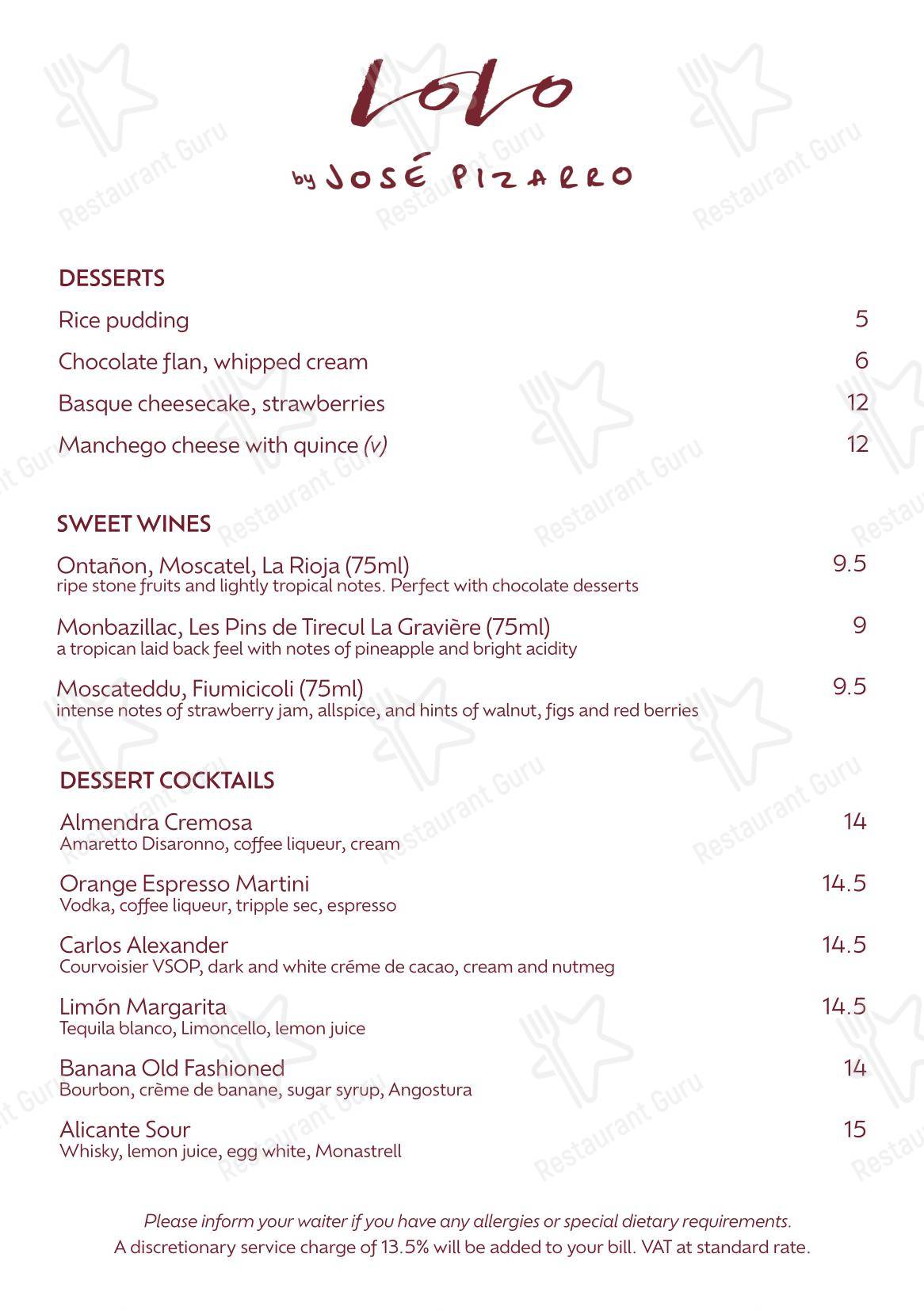 Lolo by José Pizarro в Лондоне - Buffet Menu