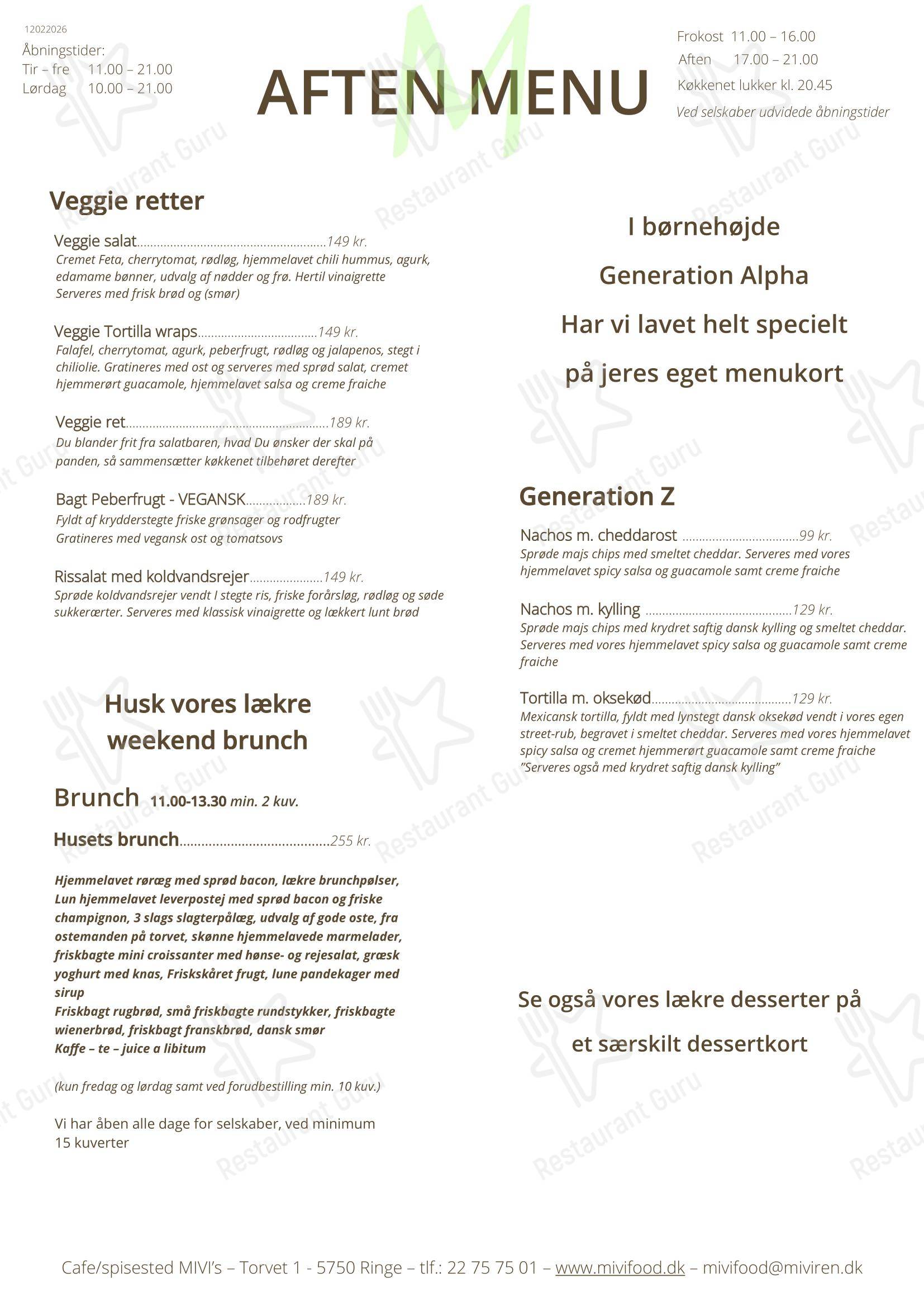 Ночное меню ресторана MIVI's café & spisested
