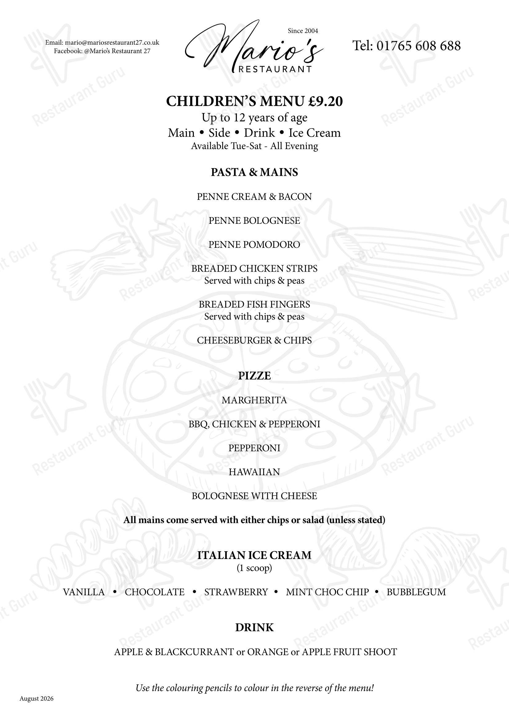 Dinner Menu ресторана Mario's Restaurant Ripon
