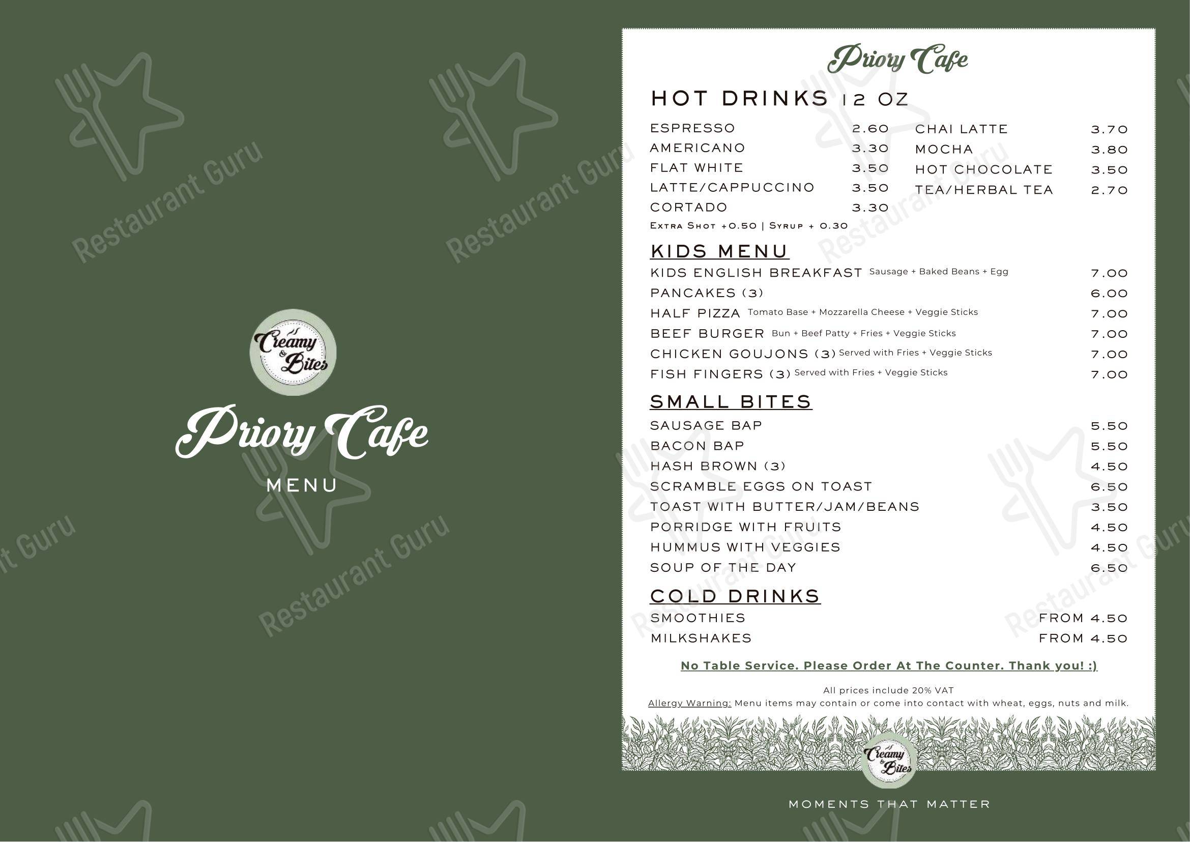Меню напитков ресторана Priory Cafe в Рейгейте