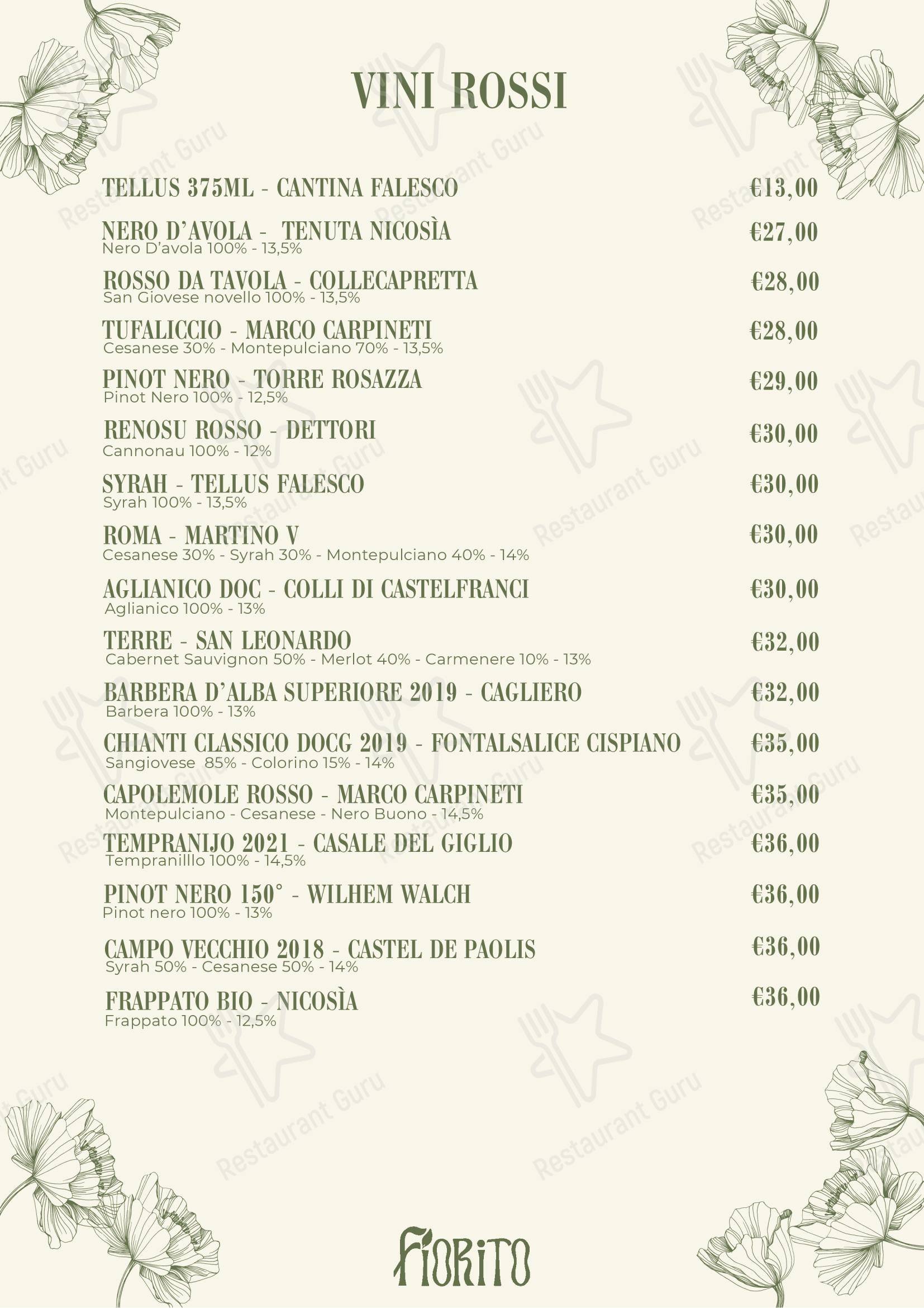 Dinner Menu ресторана Ristorante Fiorito