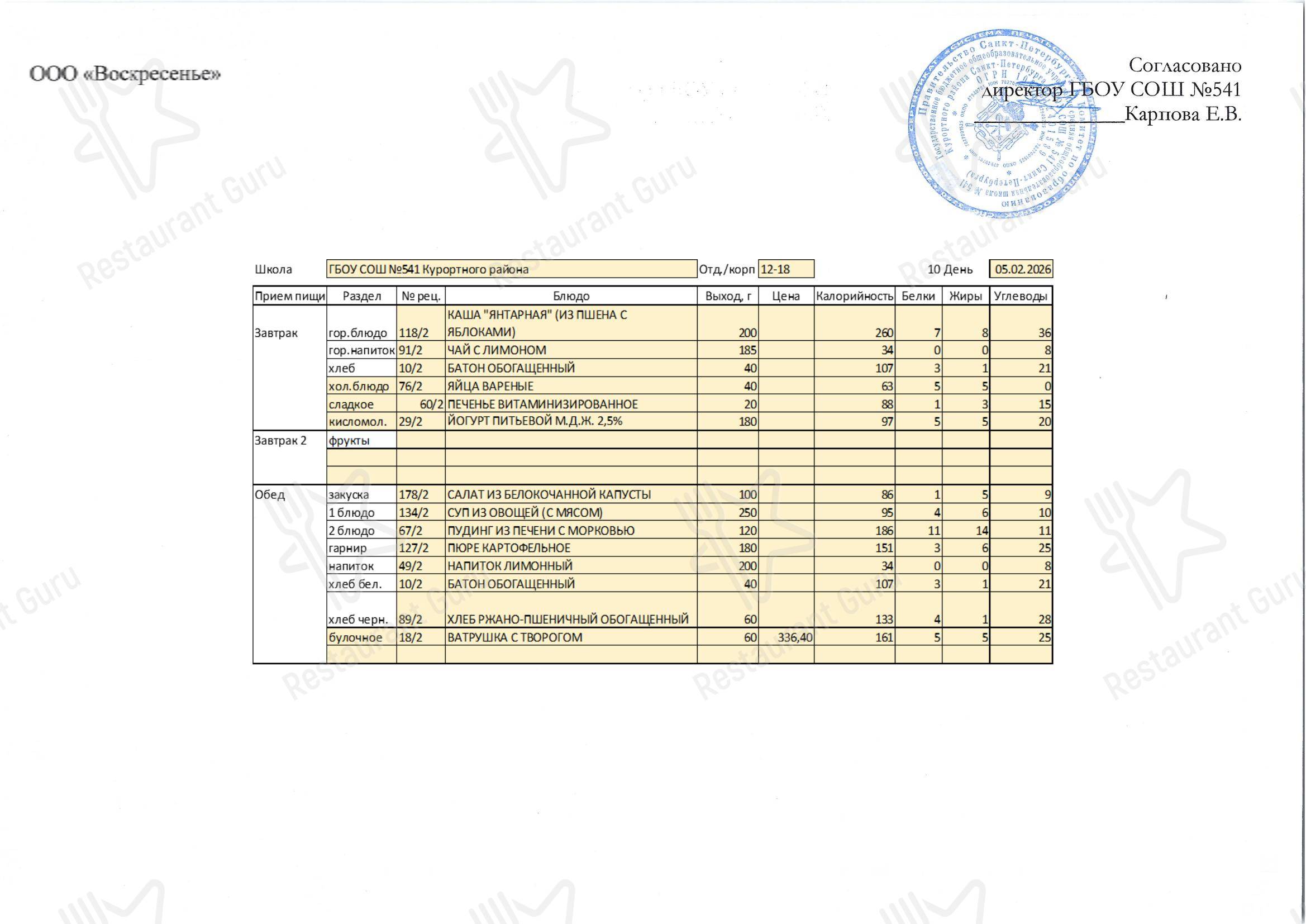 Special Event Menu кафетерия Столовая школы № 541 в Сестрорецке