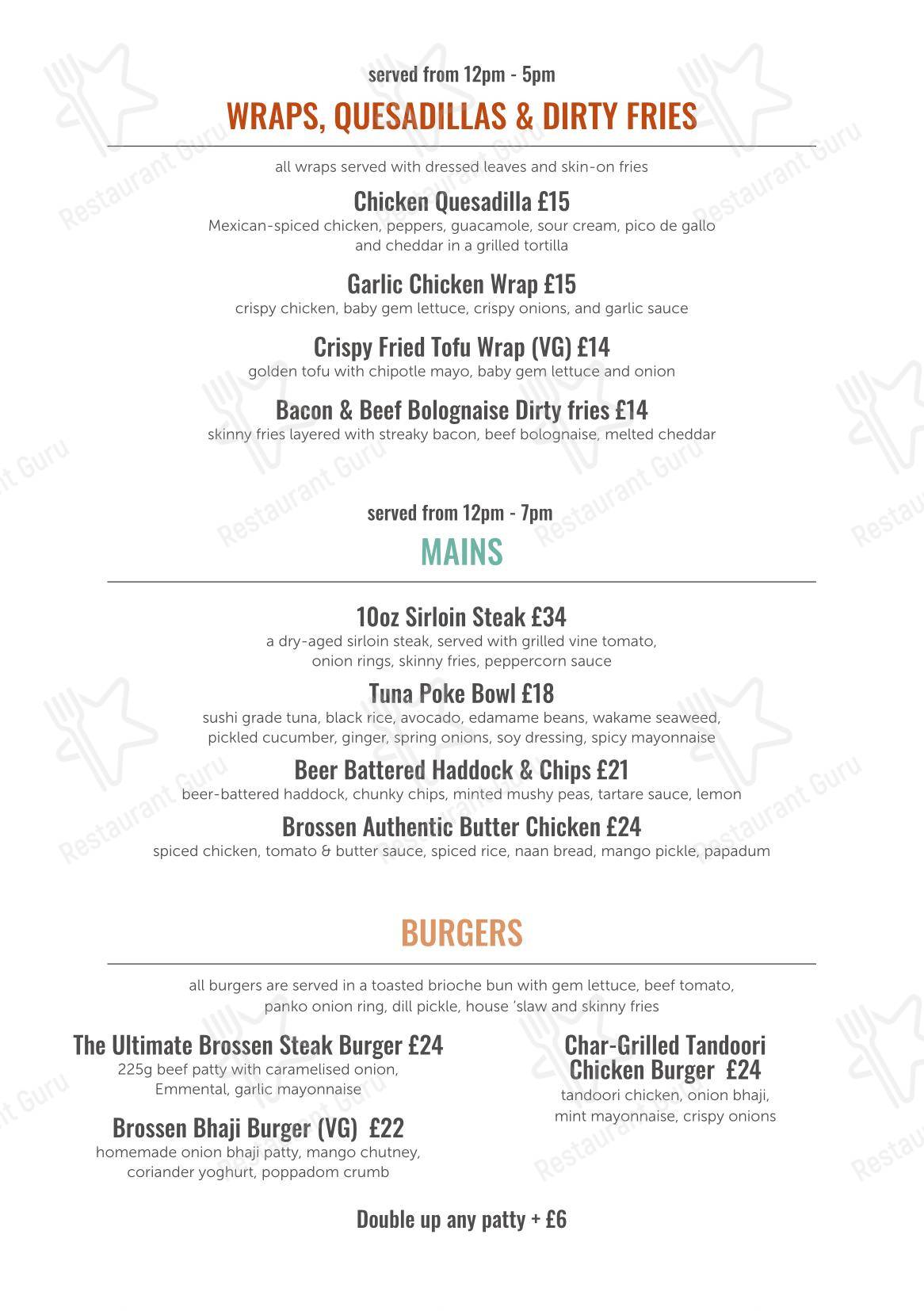 Меню паба и бара The Back Bar, Keswick - Ночное меню