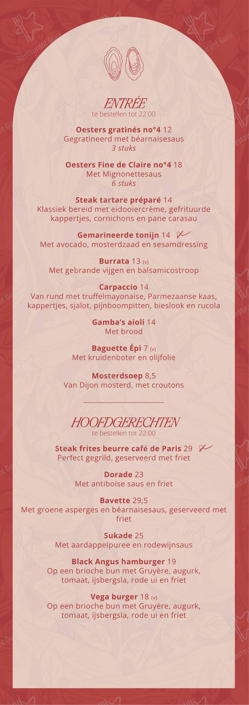Меню ресторана Beau Restobar в Роттердаме