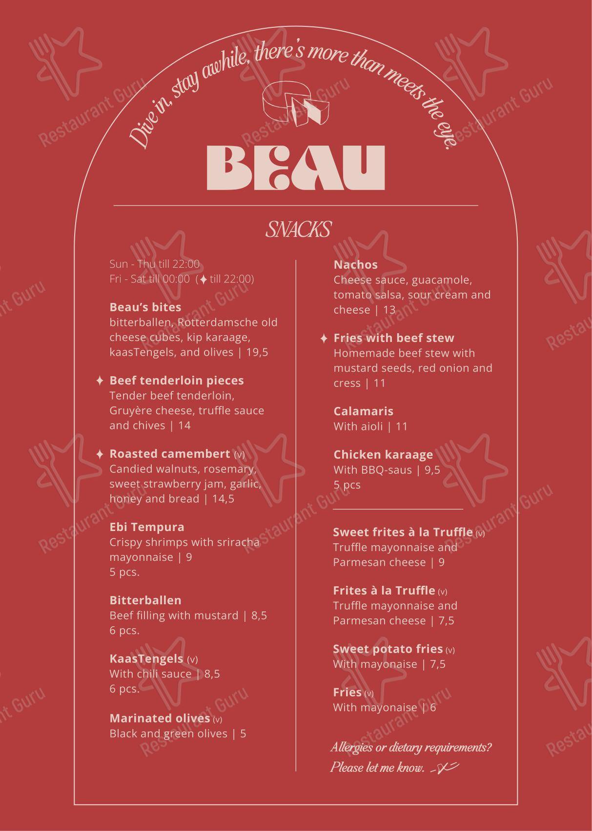 菜单 ресторана Beau Restobar