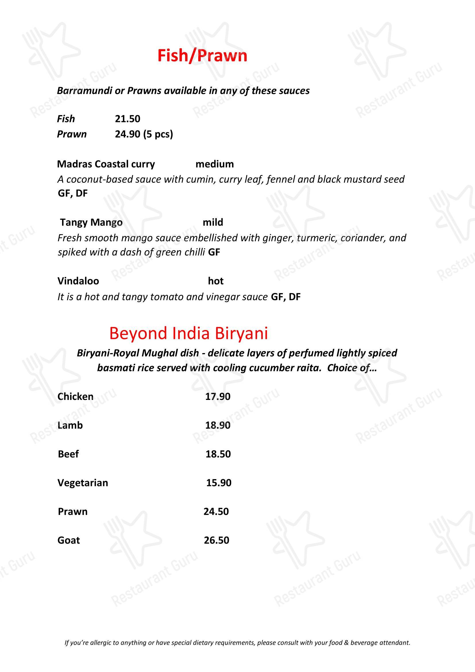 菜单 ресторана Beyond India Modbury