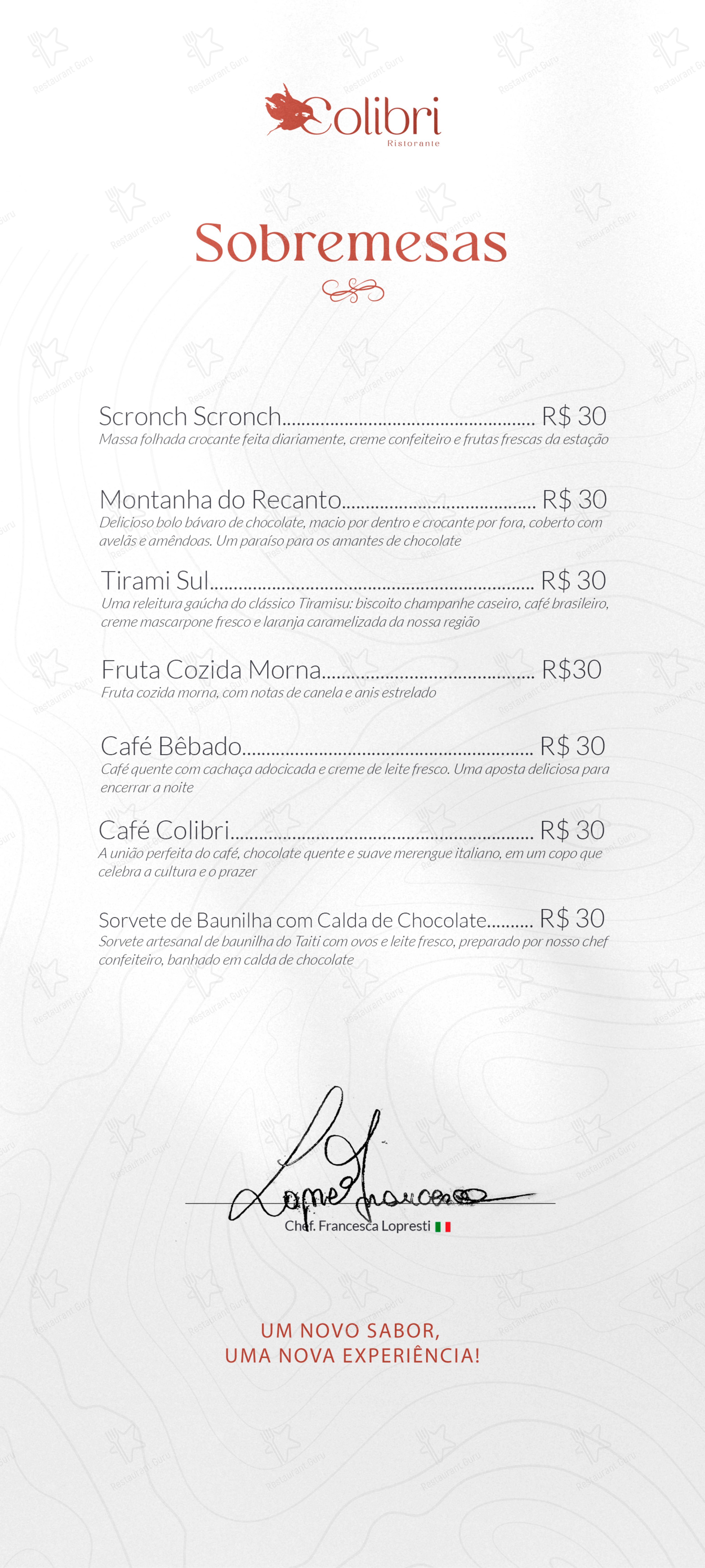 Меню напитков ресторана Colibri Ristorante в Restinga Seca