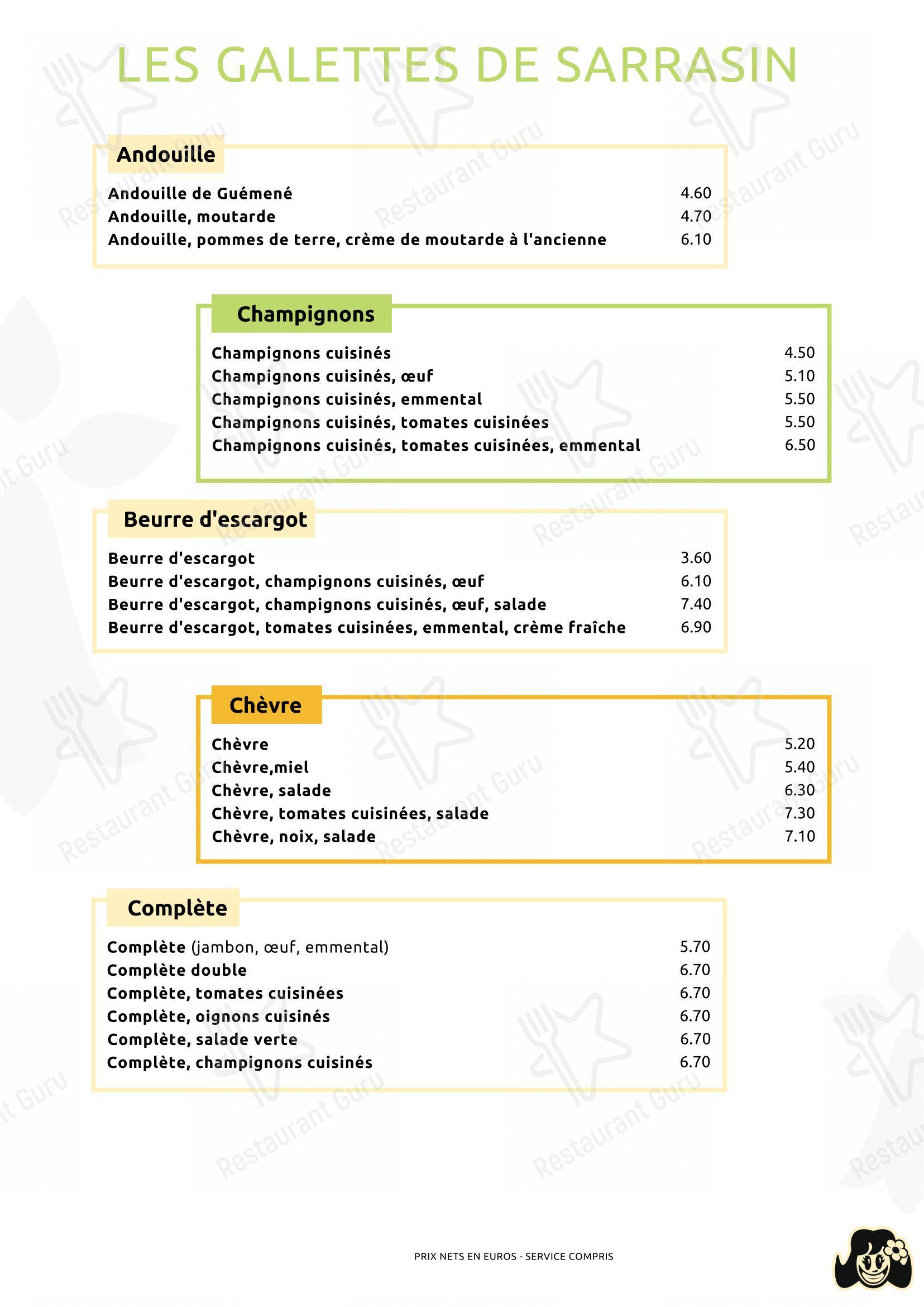 Creperie les Piplettes в Ренне - Меню