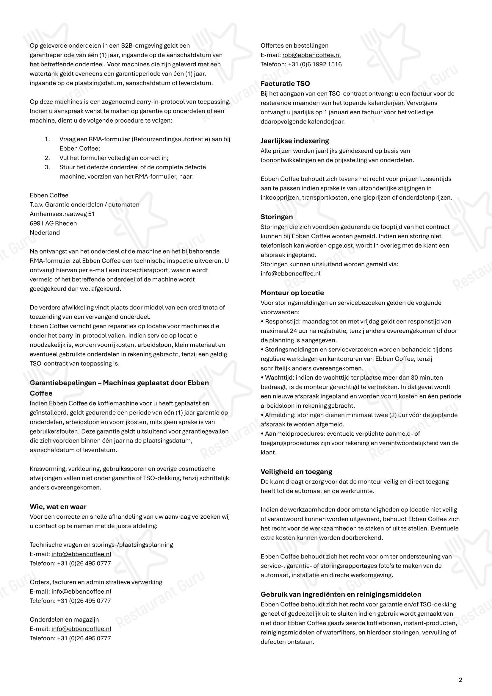 Меню напитков Ebben Coffee в Rheden