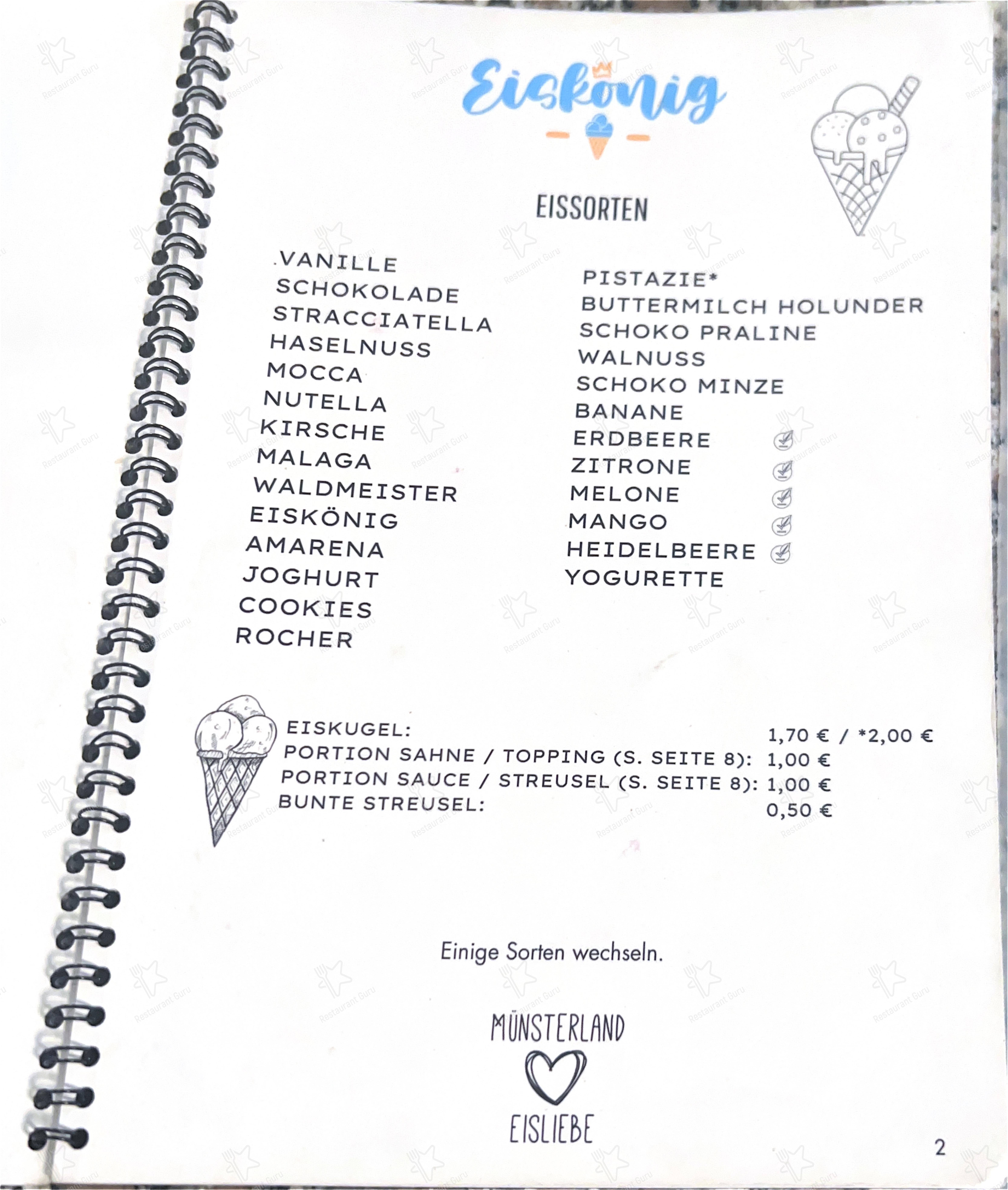 Меню Eiskönig в Рекене