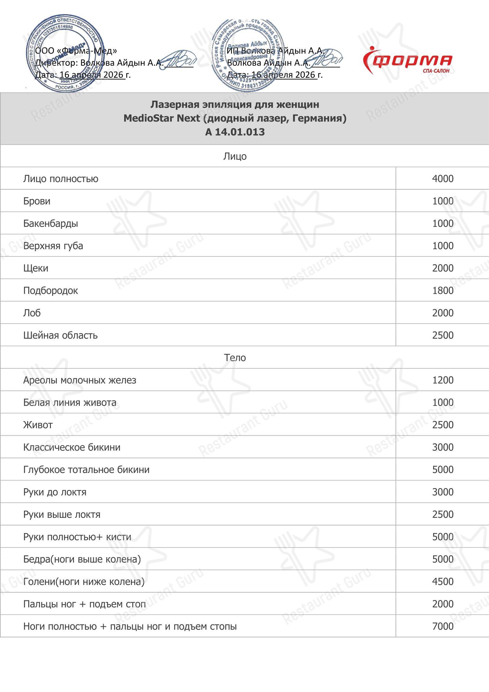 Меню напитков кафе Форма