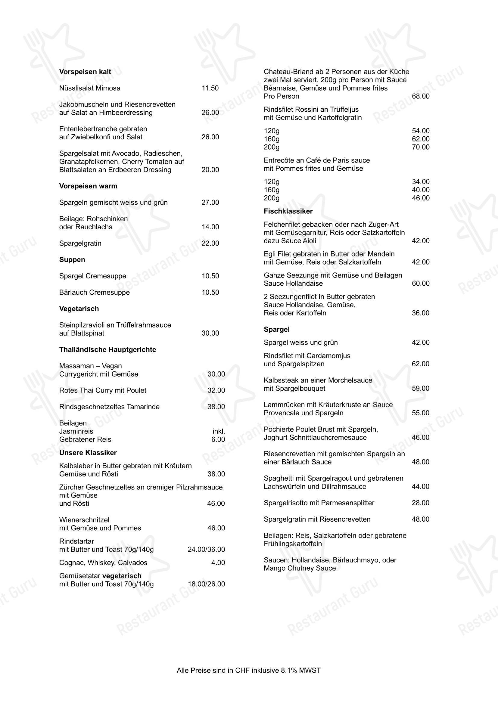 Ночное меню ресторана Hotel Balsthal AG