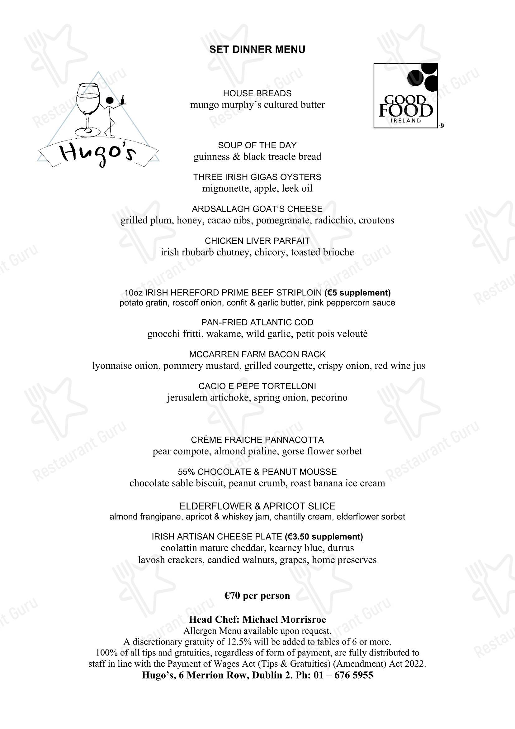 Lunch Menu ресторана Hugo's Restaurant