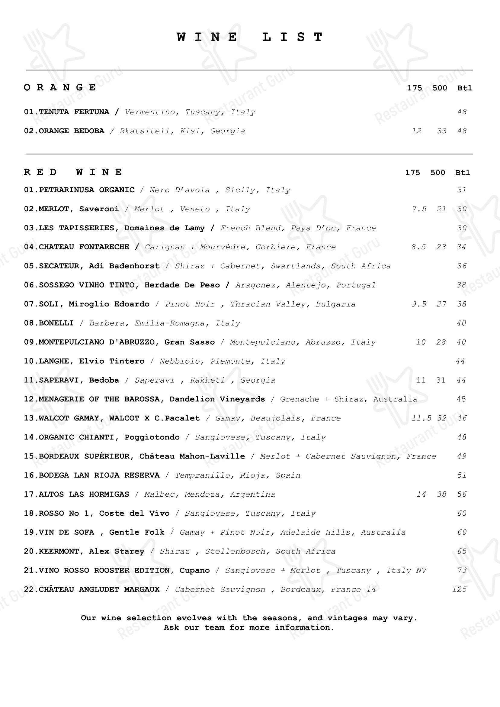 Restaurant Menu ресторана Little Walcot