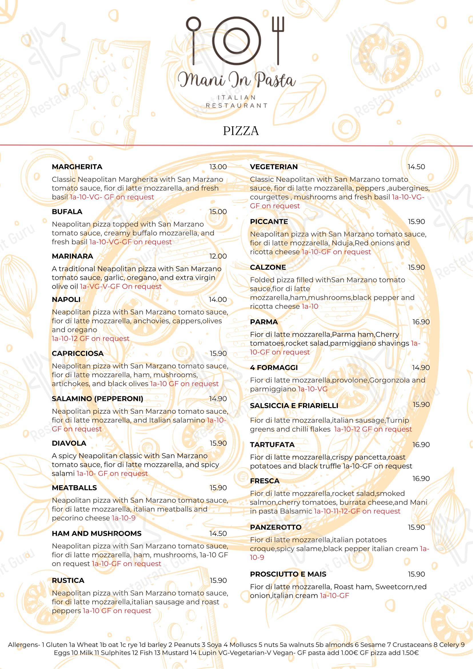 Меню ресторана Mani In Pasta Authentic Italian Restaurant Athy