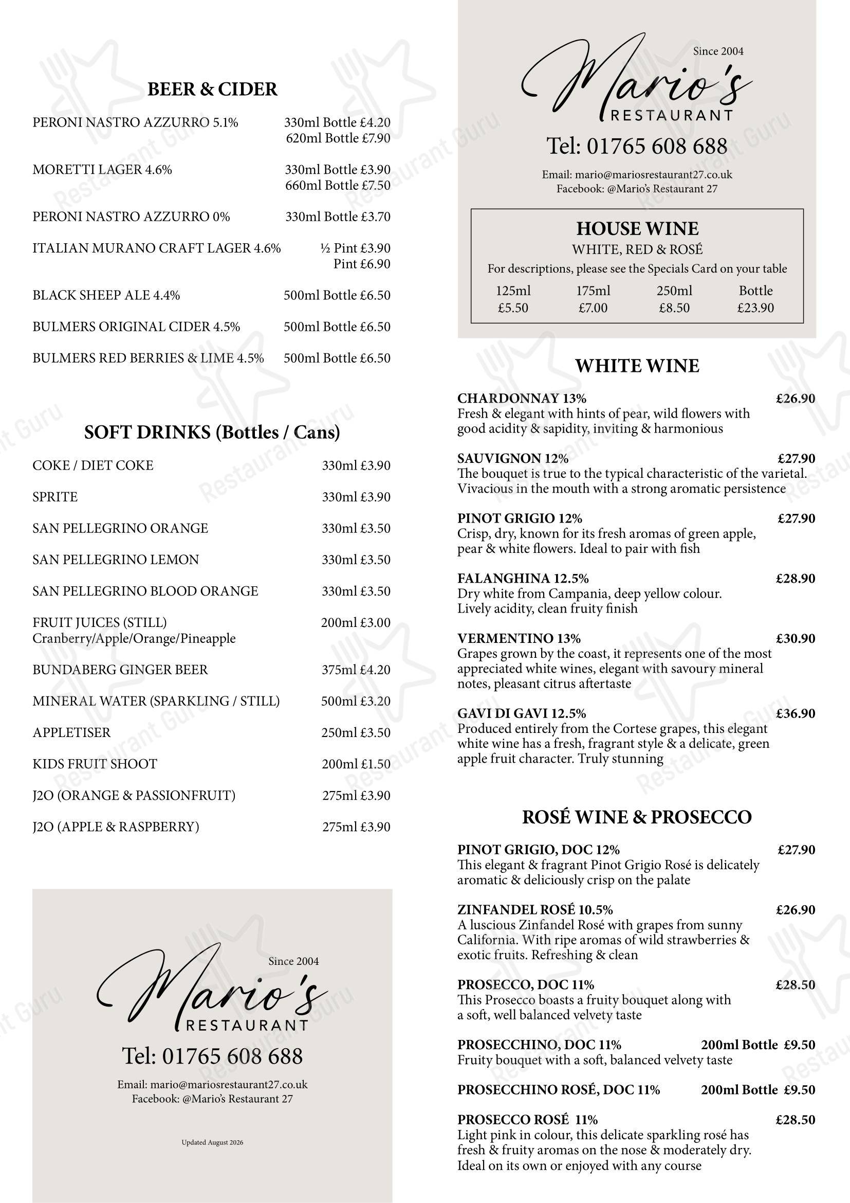 Взгляните на меню Mario's Restaurant Ripon