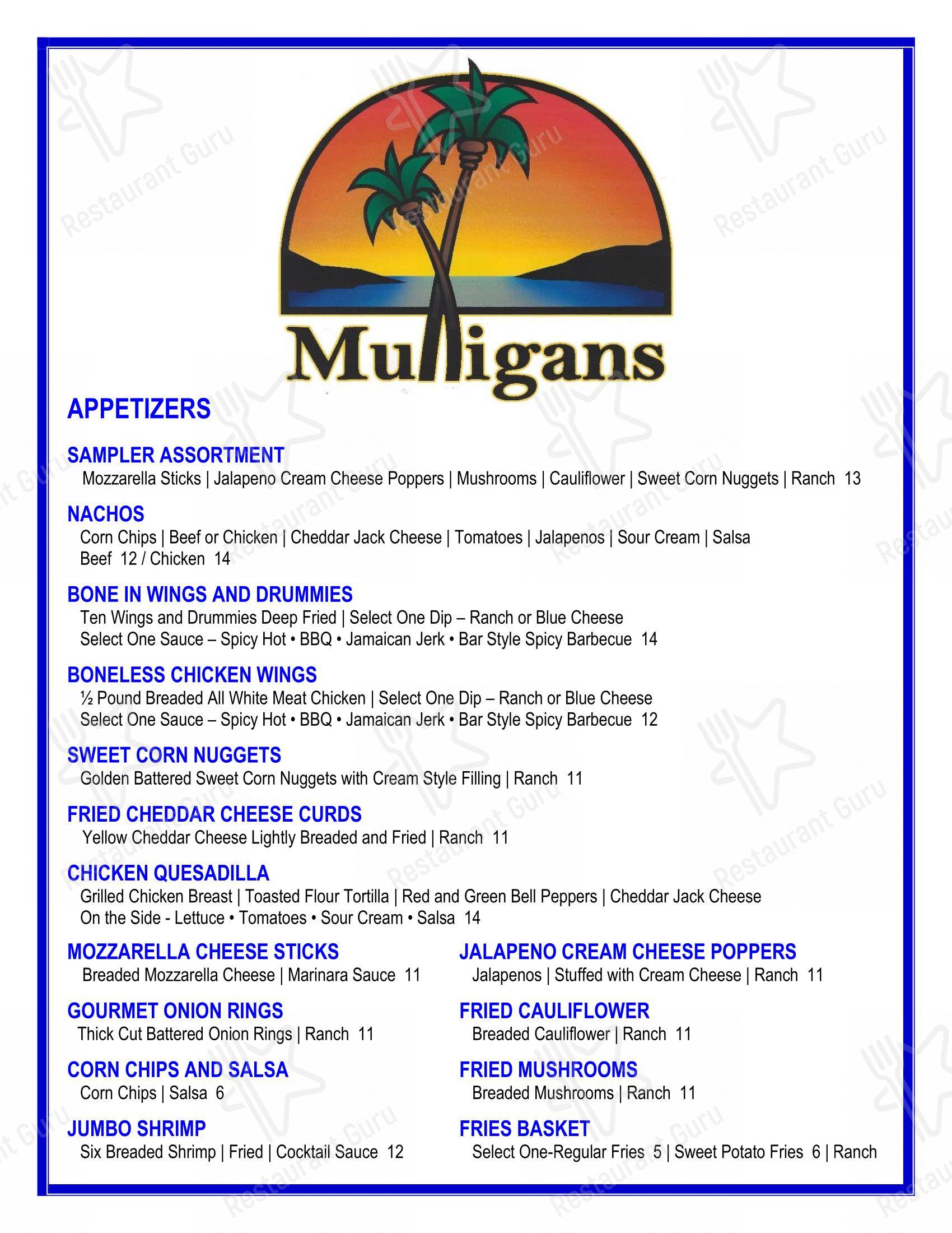 Меню паба и бара Mulligans Grill & Pub - Sports Bar в Линкольне