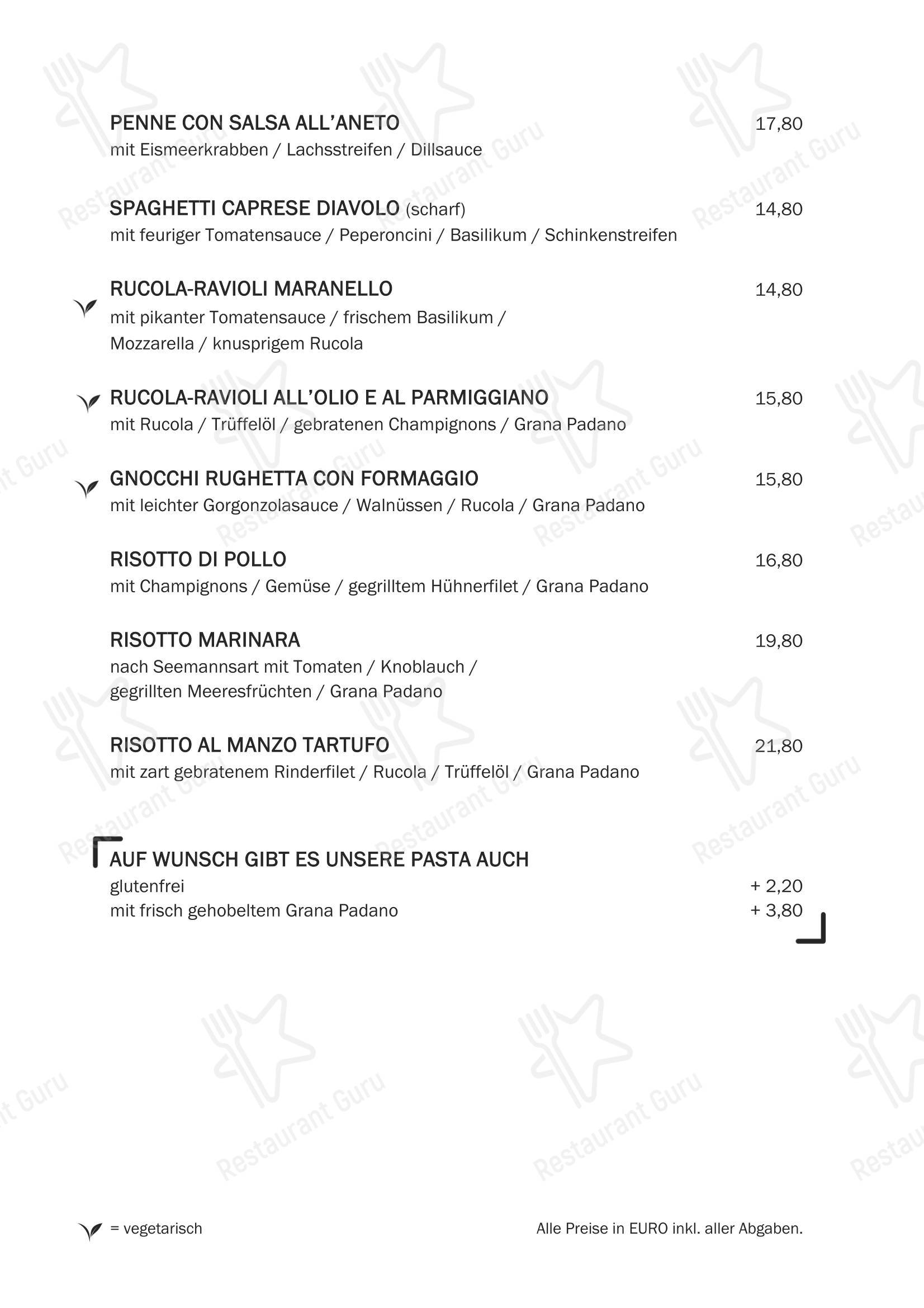 Меню напитков пиццерии Restaurant Pasta